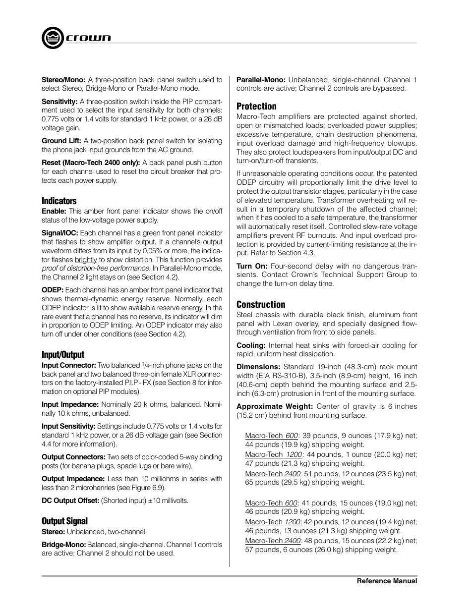 Indicators, Input/output, Output signal | Protection, Construction | Crown Audio Macro-Tech Series (600, 1200 & 2400) User Manual | Page 28 / 42