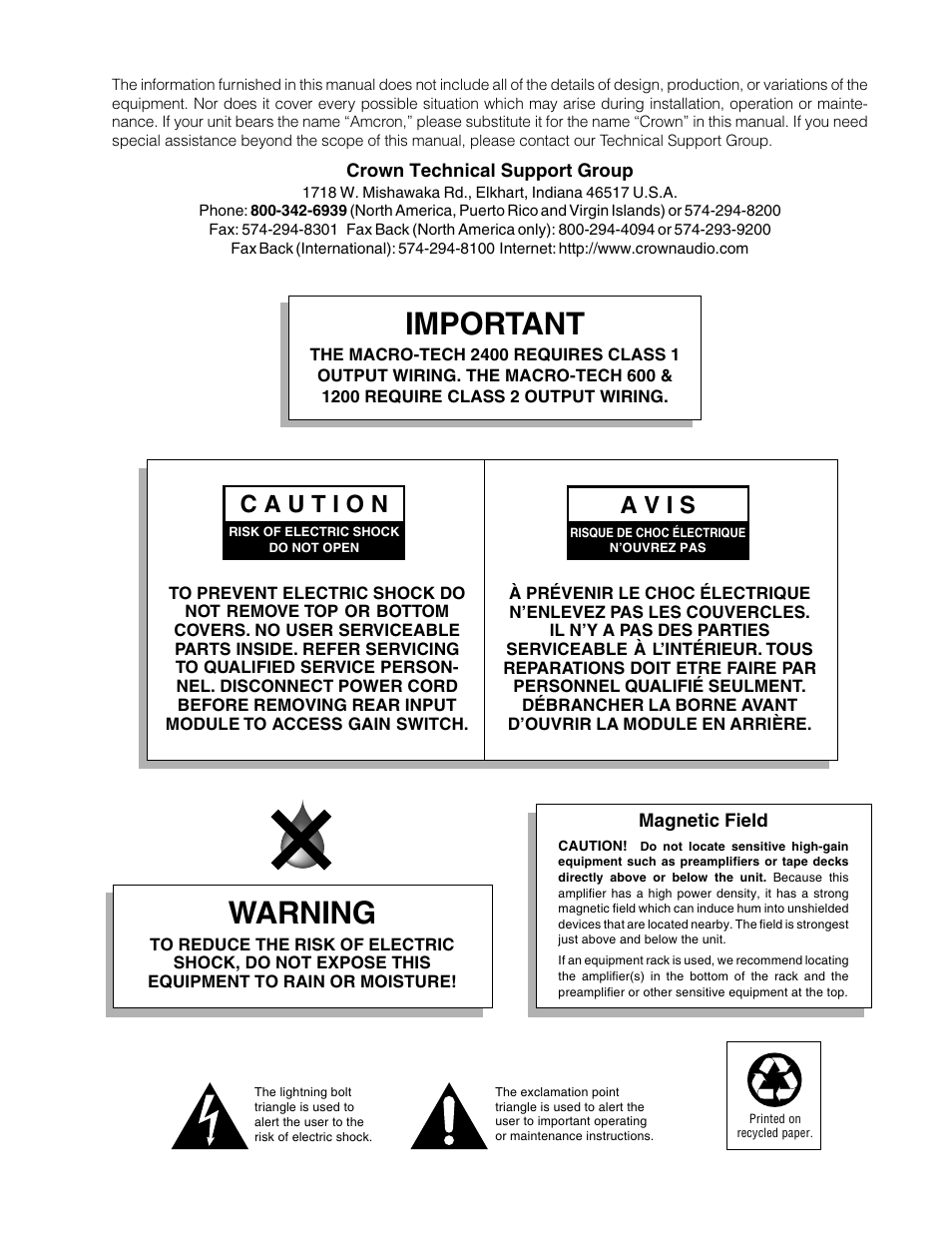 Important, Warning, A v i s | Crown Audio Macro-Tech Series (600, 1200 & 2400) User Manual | Page 3 / 42