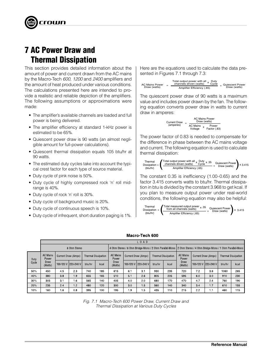 7 ac power draw and thermal dissipation | Crown Audio Macro-Tech Series (600, 1200 & 2400) User Manual | Page 36 / 42