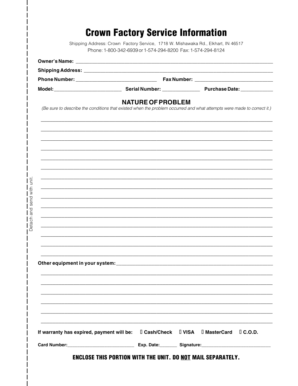 Crown factory service information | Crown Audio Macro-Tech Series (600, 1200 & 2400) User Manual | Page 42 / 42