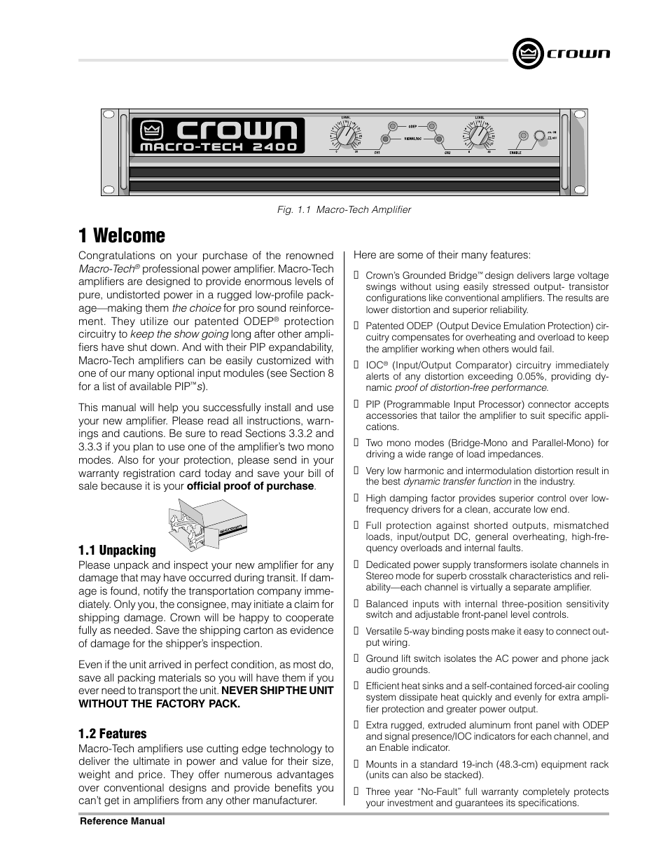 1 welcome, 1 unpacking, 2 features | Crown Audio Macro-Tech Series (600, 1200 & 2400) User Manual | Page 7 / 42
