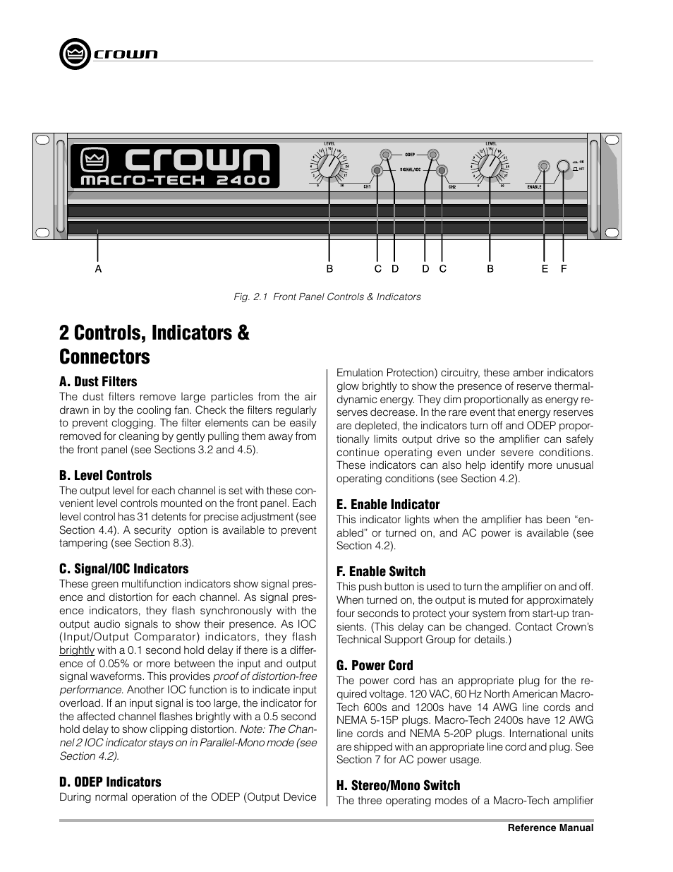 2 controls, indicators & connectors | Crown Audio Macro-Tech Series (600, 1200 & 2400) User Manual | Page 8 / 42