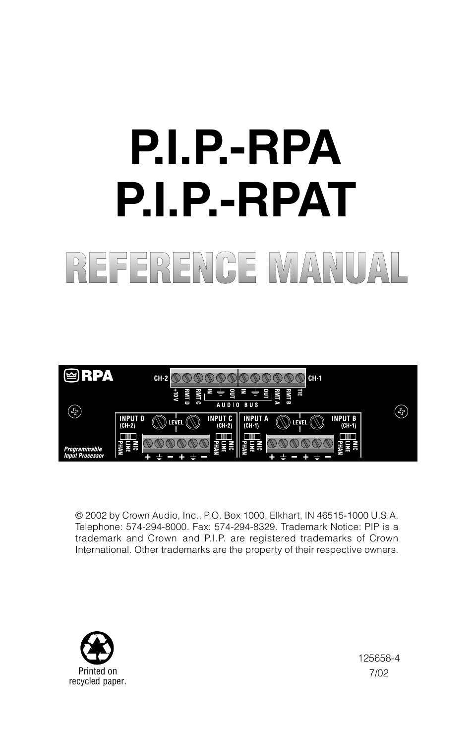 Crown Audio P.I.P-RPA User Manual | 22 pages