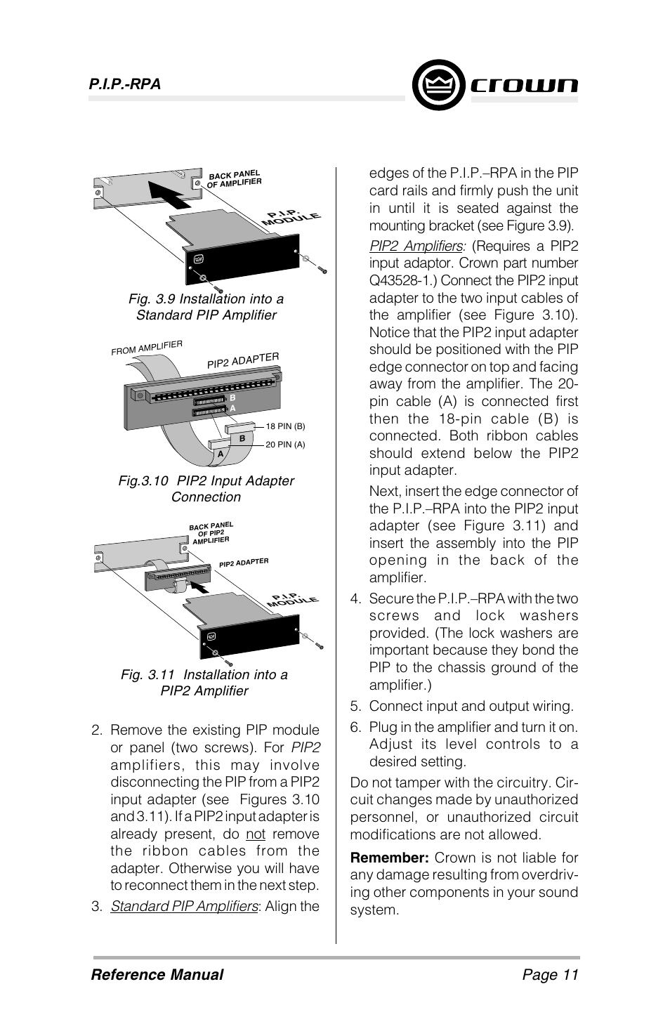 Page 11 reference manual, P.i.p.-rpa | Crown Audio P.I.P-RPA User Manual | Page 11 / 22