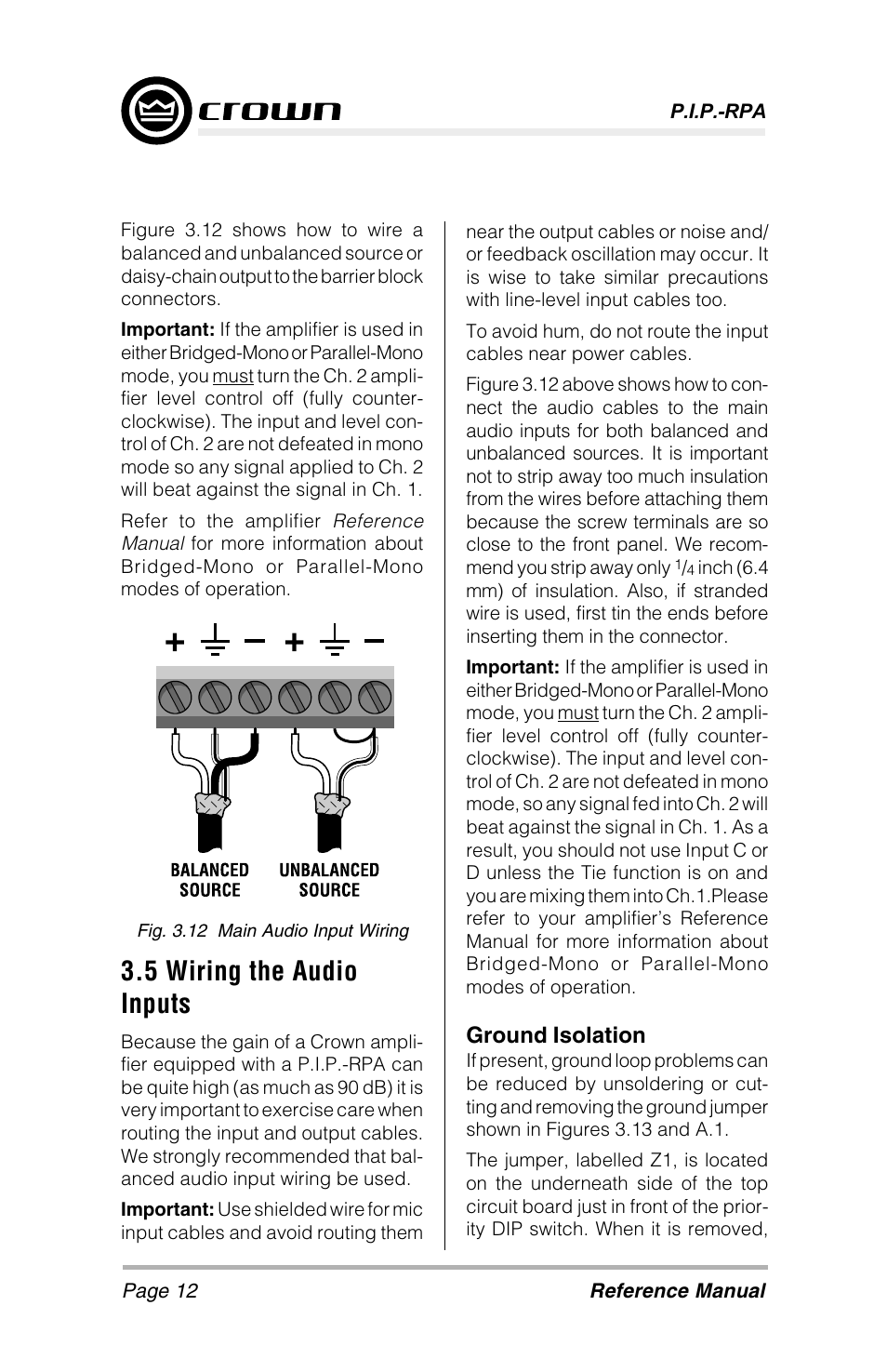 5 wiring the audio inputs, Ground isolation | Crown Audio P.I.P-RPA User Manual | Page 12 / 22