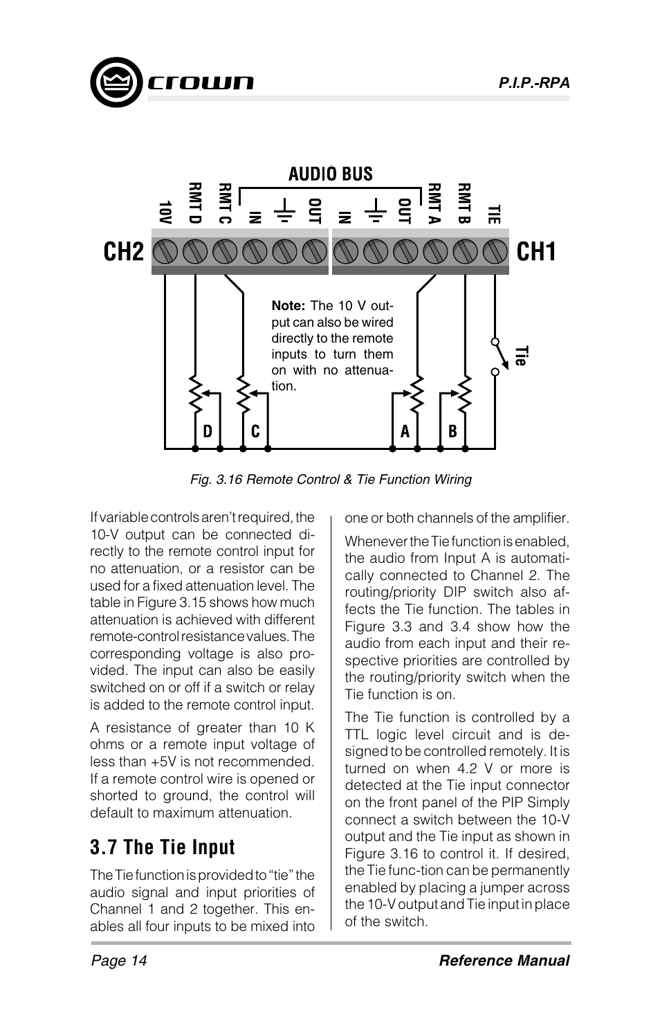 7 the tie input | Crown Audio P.I.P-RPA User Manual | Page 14 / 22