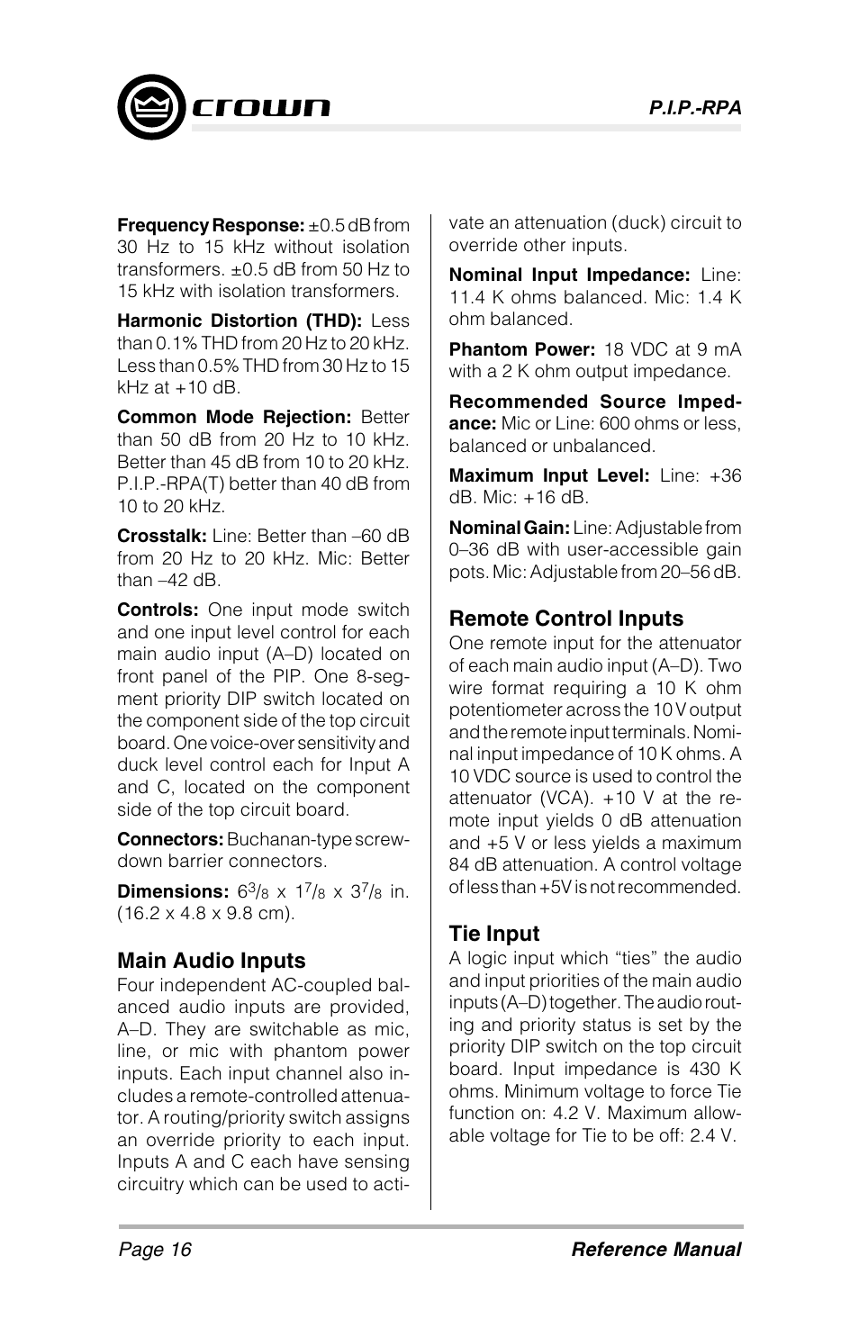 Main audio inputs, Remote control inputs, Tie input | Crown Audio P.I.P-RPA User Manual | Page 16 / 22