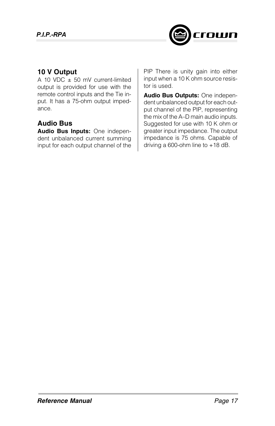 Crown Audio P.I.P-RPA User Manual | Page 17 / 22