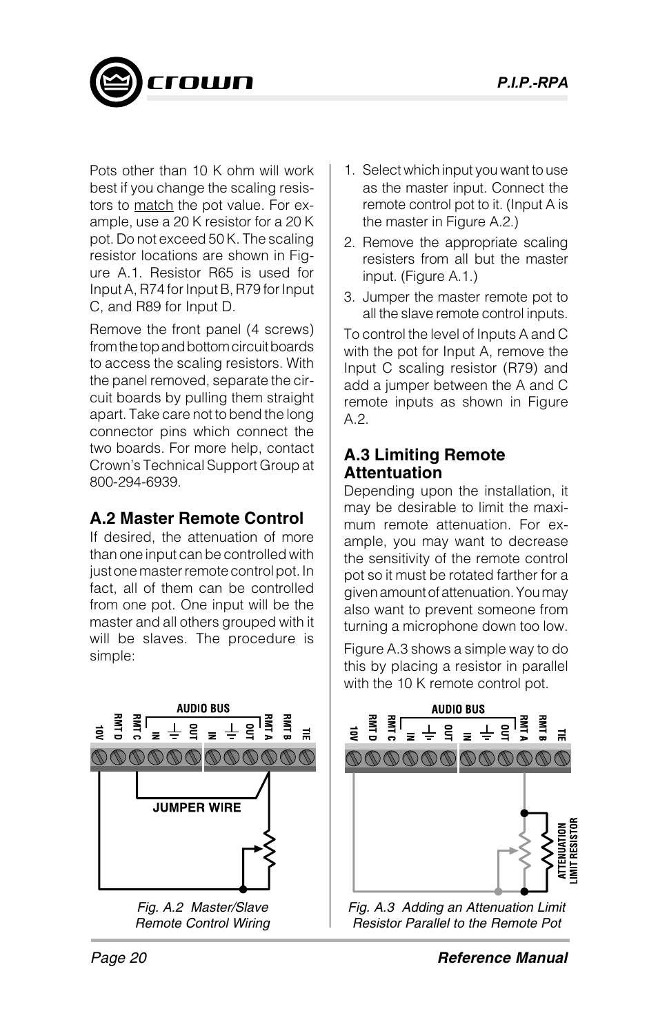 A.2 master remote control, A.3 limiting remote attentuation | Crown Audio P.I.P-RPA User Manual | Page 20 / 22