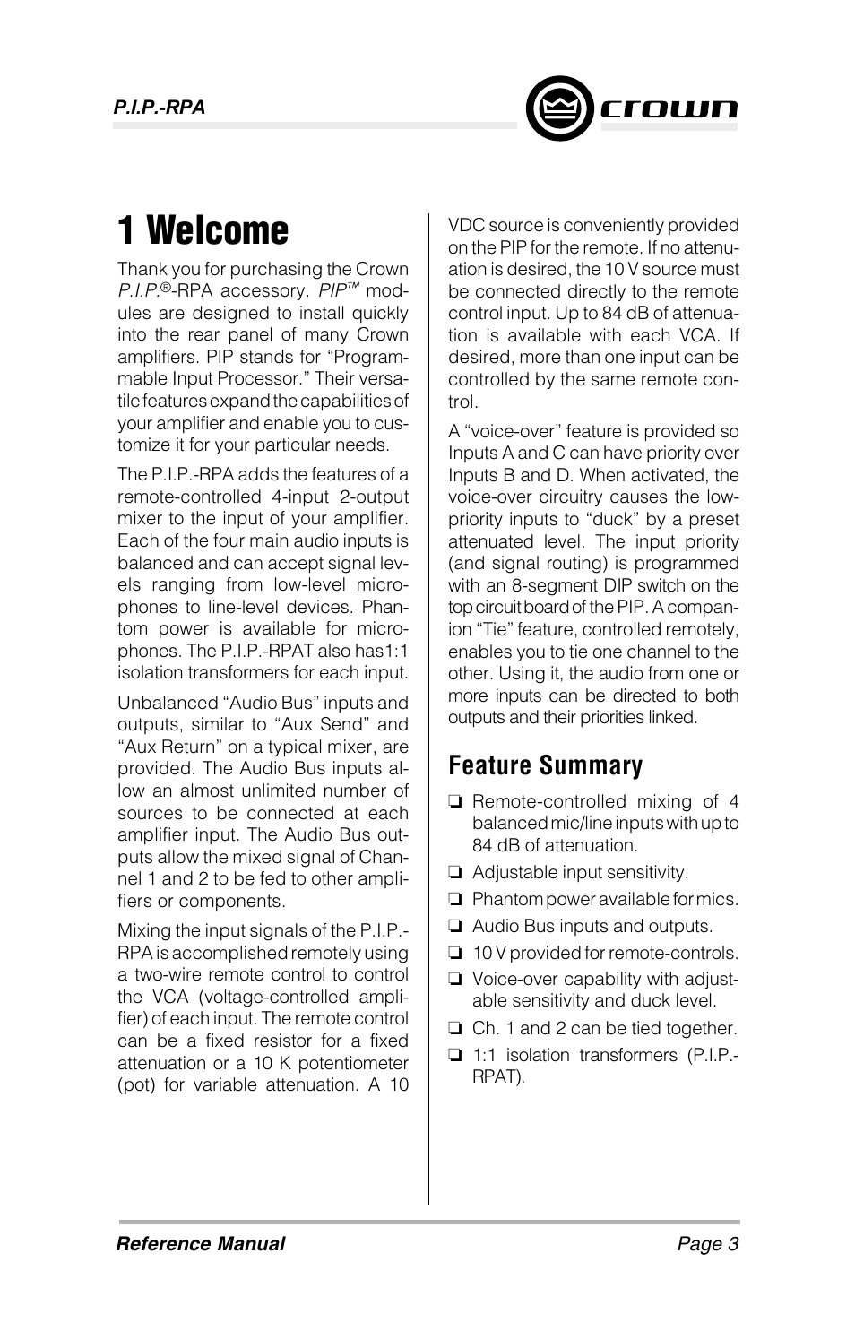 1 welcome, Feature summary | Crown Audio P.I.P-RPA User Manual | Page 3 / 22