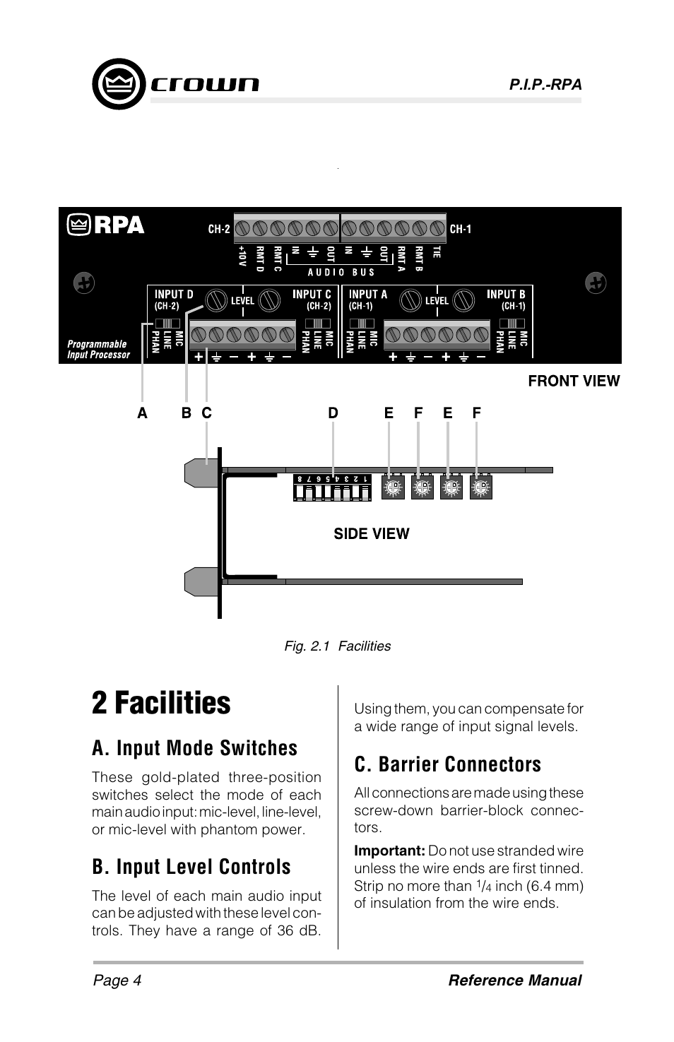 2 facilities, A. input mode switches, B. input level controls | C. barrier connectors | Crown Audio P.I.P-RPA User Manual | Page 4 / 22