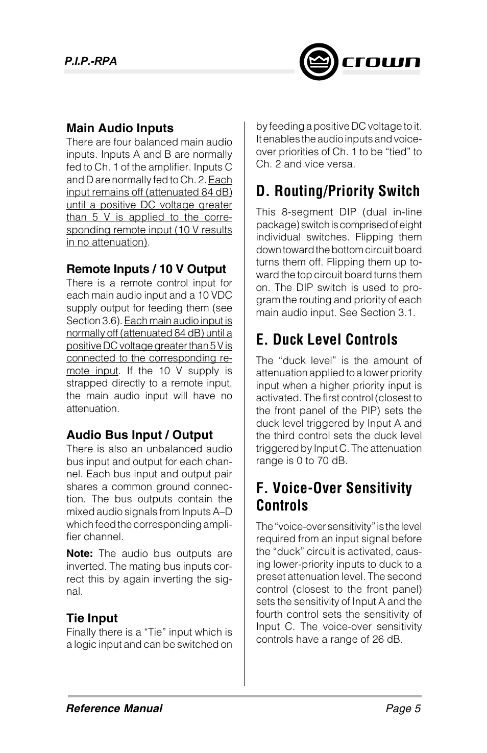 D. routing/priority switch, E. duck level controls, F. voice-over sensitivity controls | Crown Audio P.I.P-RPA User Manual | Page 5 / 22