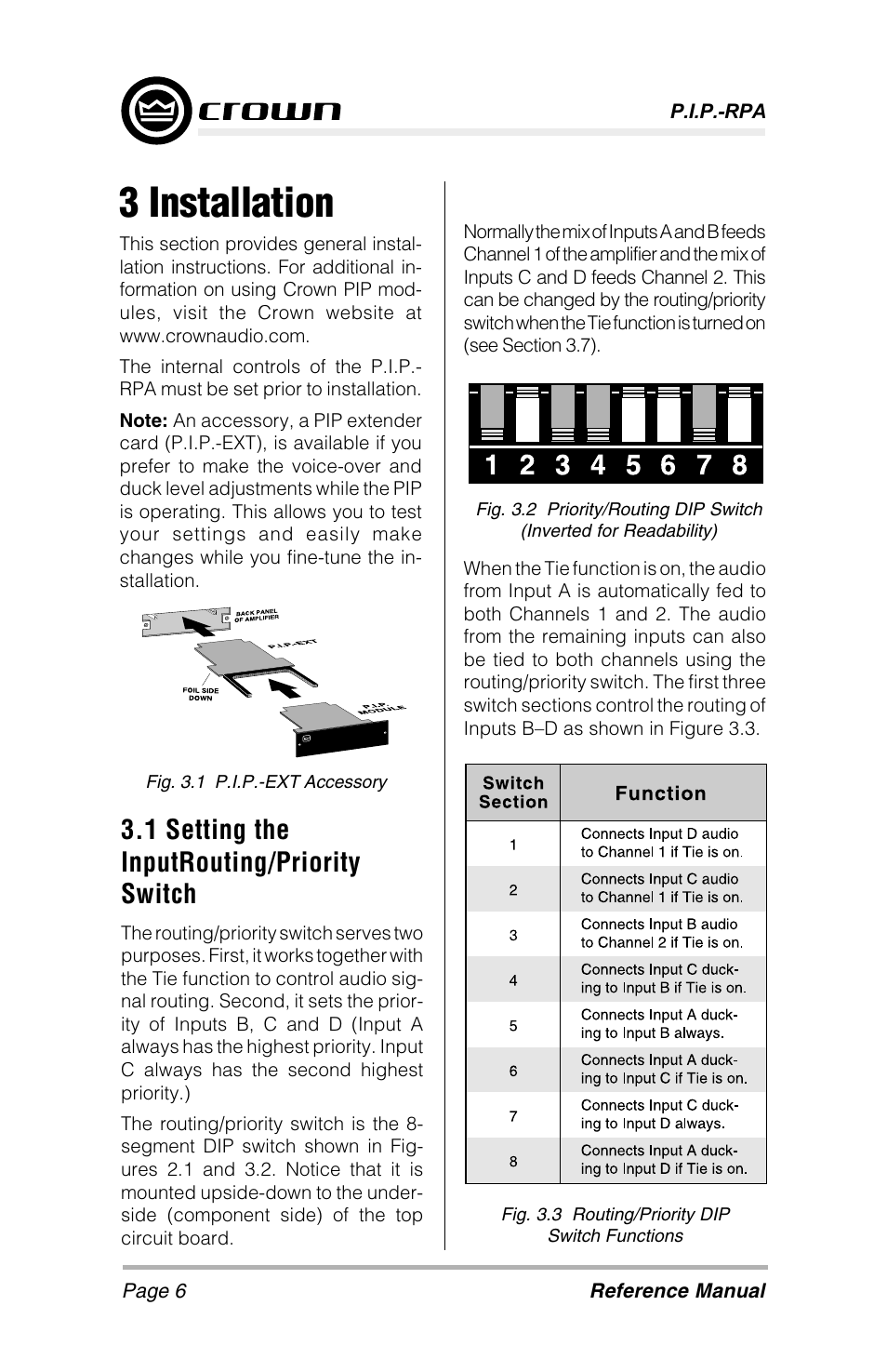 3 installation, 1 setting the inputrouting/priority switch | Crown Audio P.I.P-RPA User Manual | Page 6 / 22