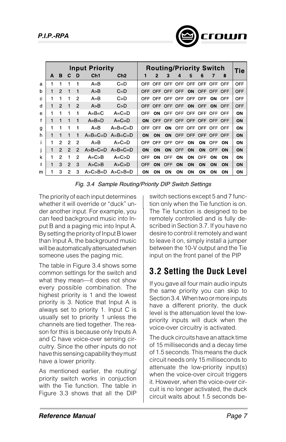 2 setting the duck level | Crown Audio P.I.P-RPA User Manual | Page 7 / 22