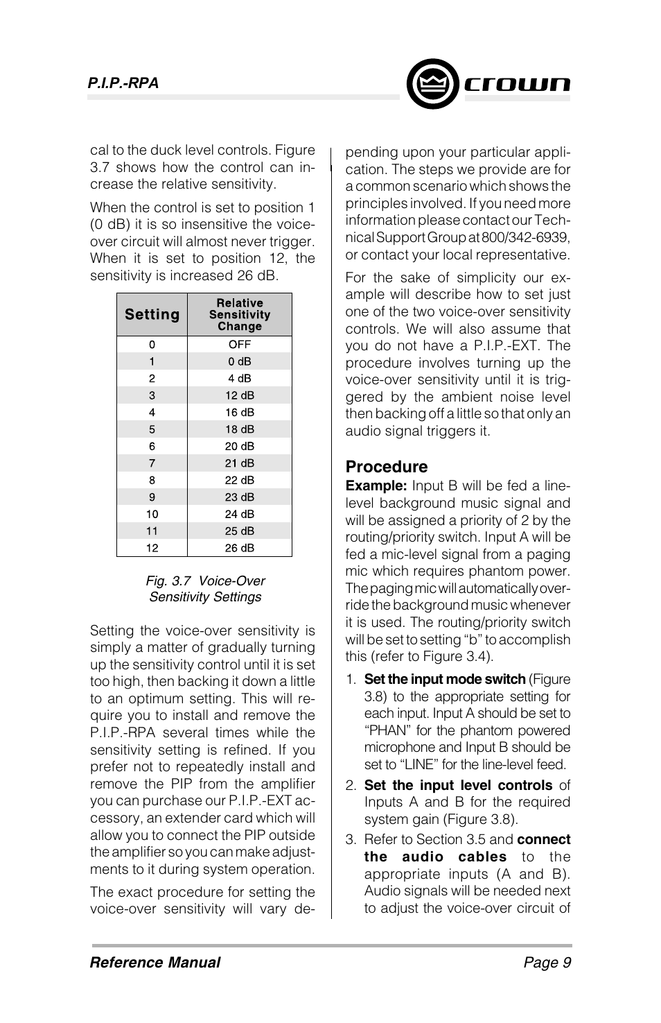 Procedure | Crown Audio P.I.P-RPA User Manual | Page 9 / 22