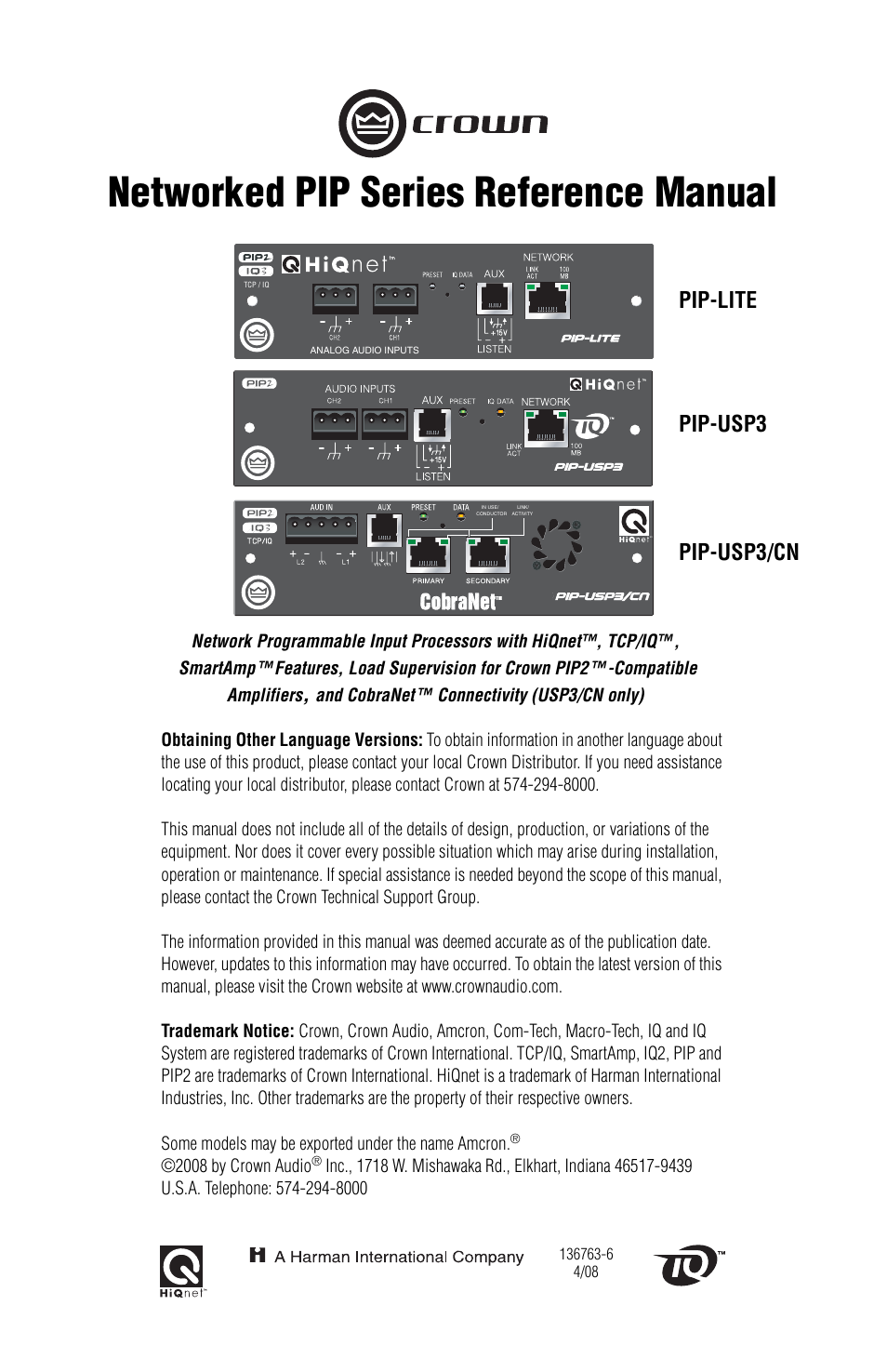 Crown Audio PIP-Lite Module User Manual | 68 pages
