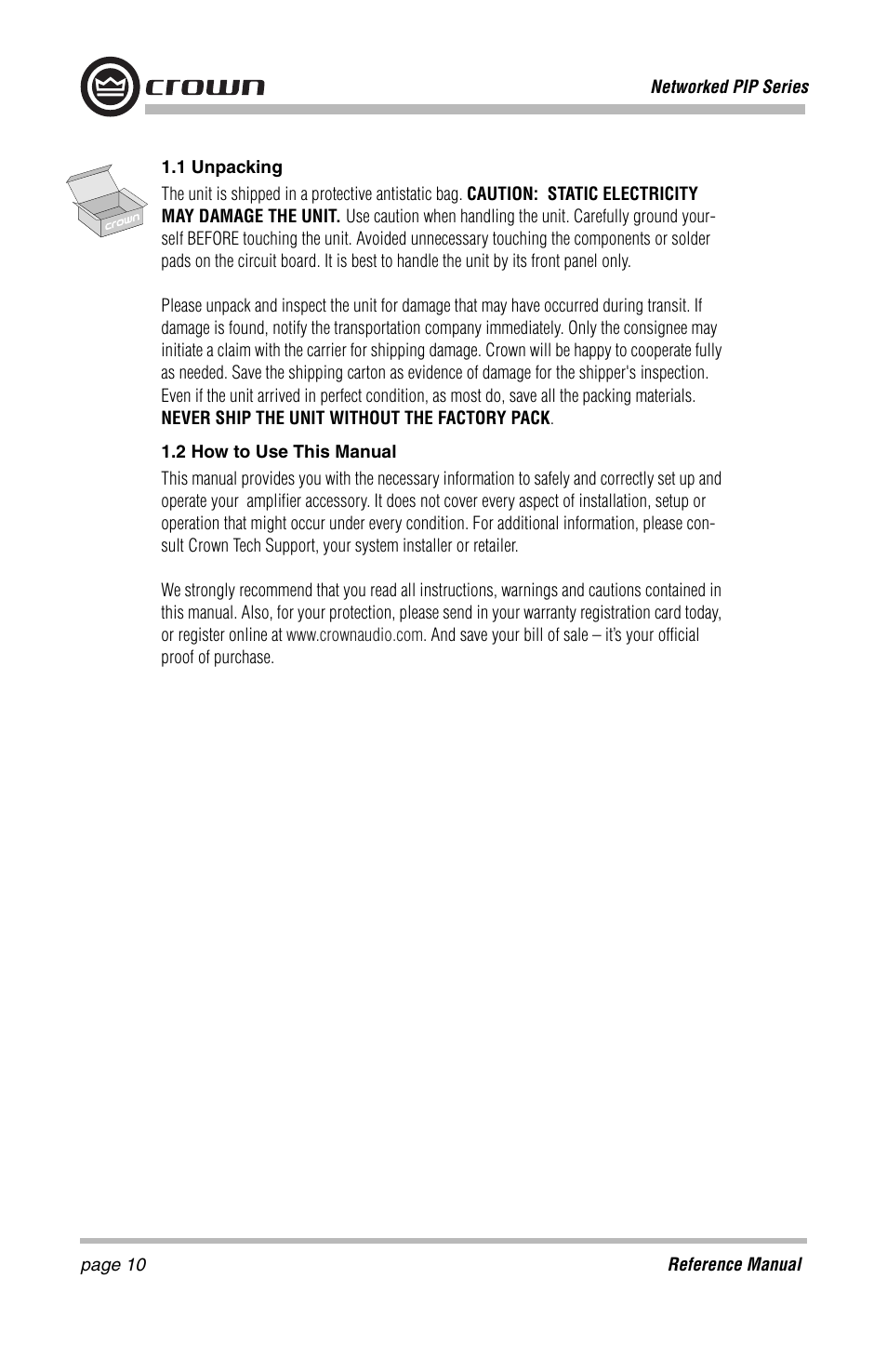 Crown Audio PIP-Lite Module User Manual | Page 10 / 68