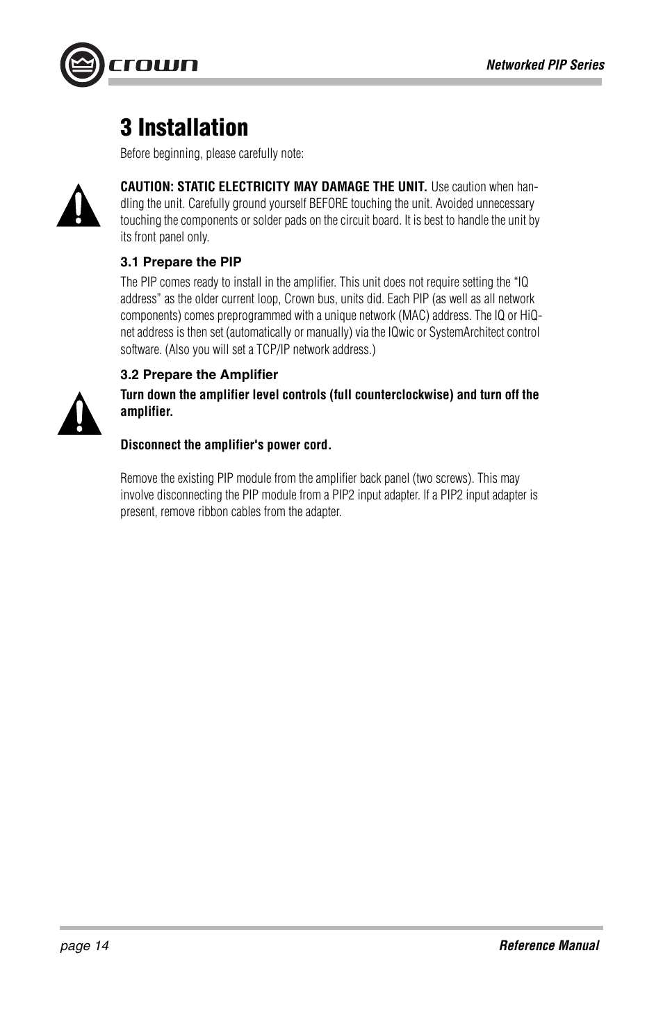 3 installation | Crown Audio PIP-Lite Module User Manual | Page 14 / 68
