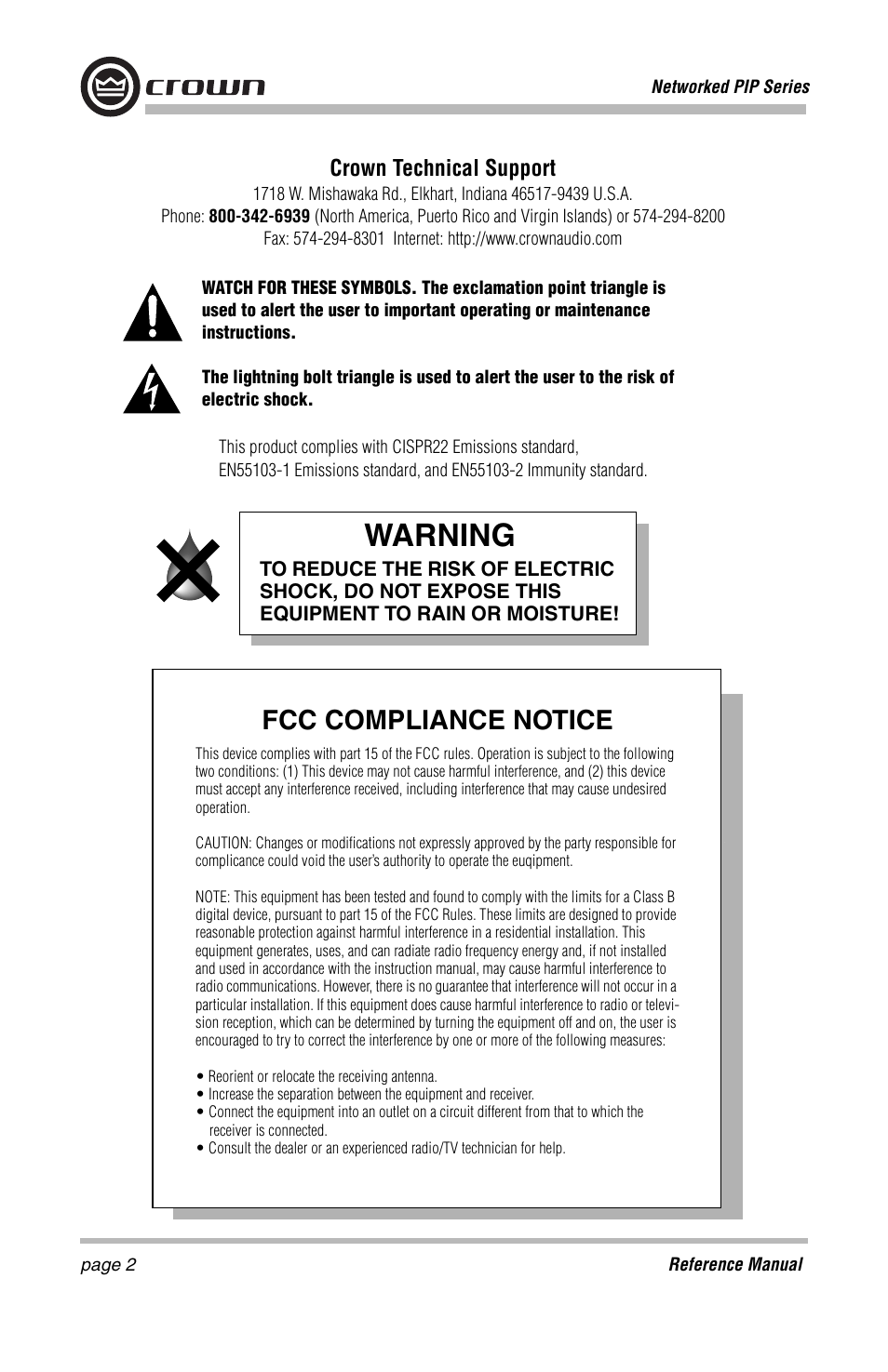 Warning, Fcc compliance notice | Crown Audio PIP-Lite Module User Manual | Page 2 / 68