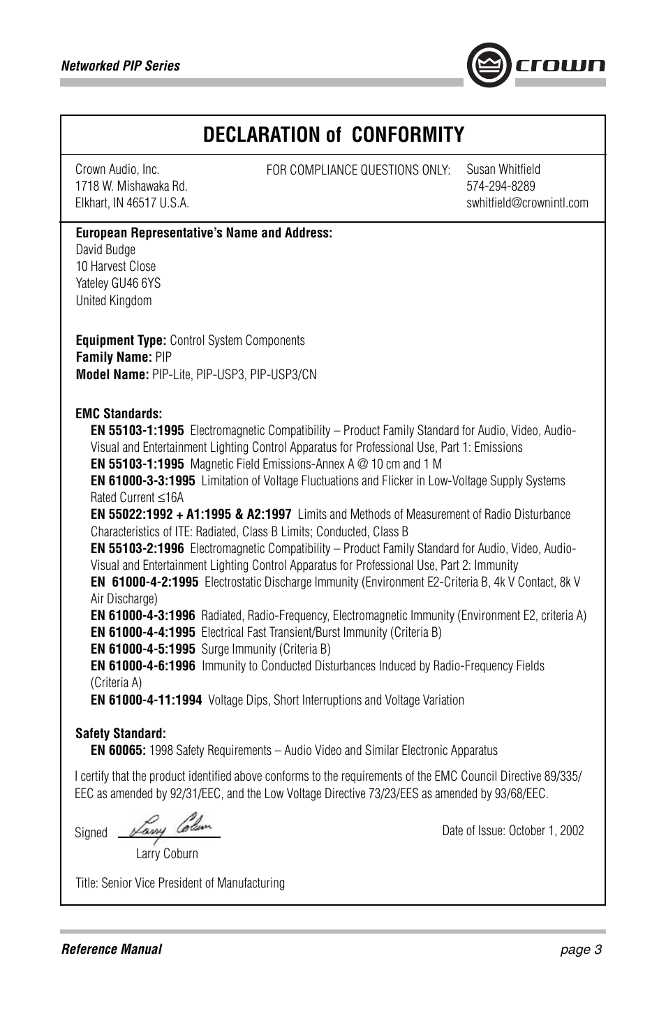 Declaration of conformity | Crown Audio PIP-Lite Module User Manual | Page 3 / 68