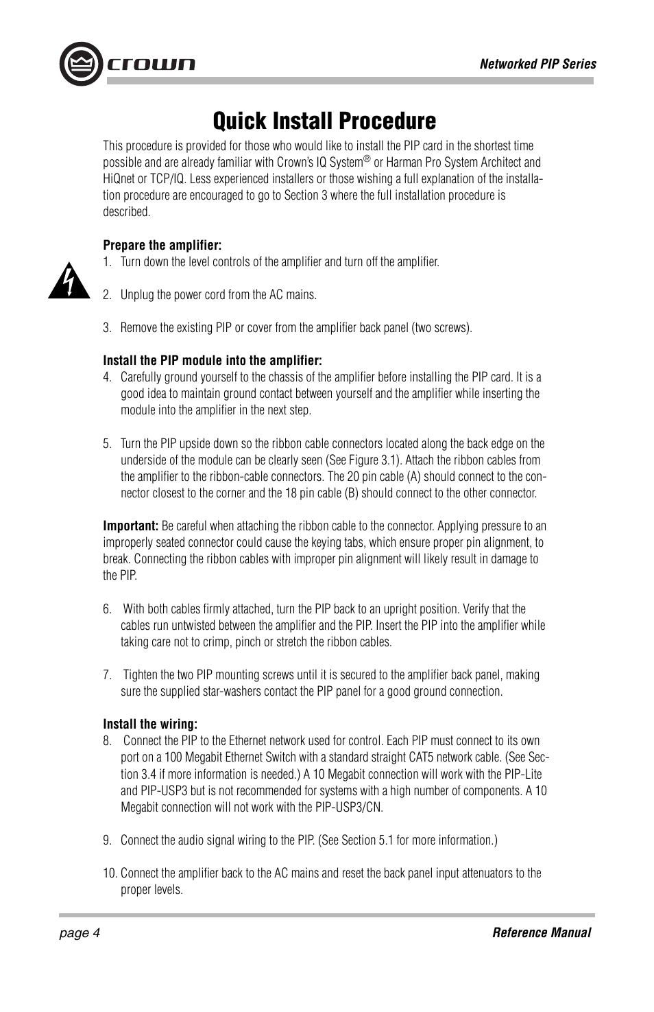 Quick install procedure | Crown Audio PIP-Lite Module User Manual | Page 4 / 68