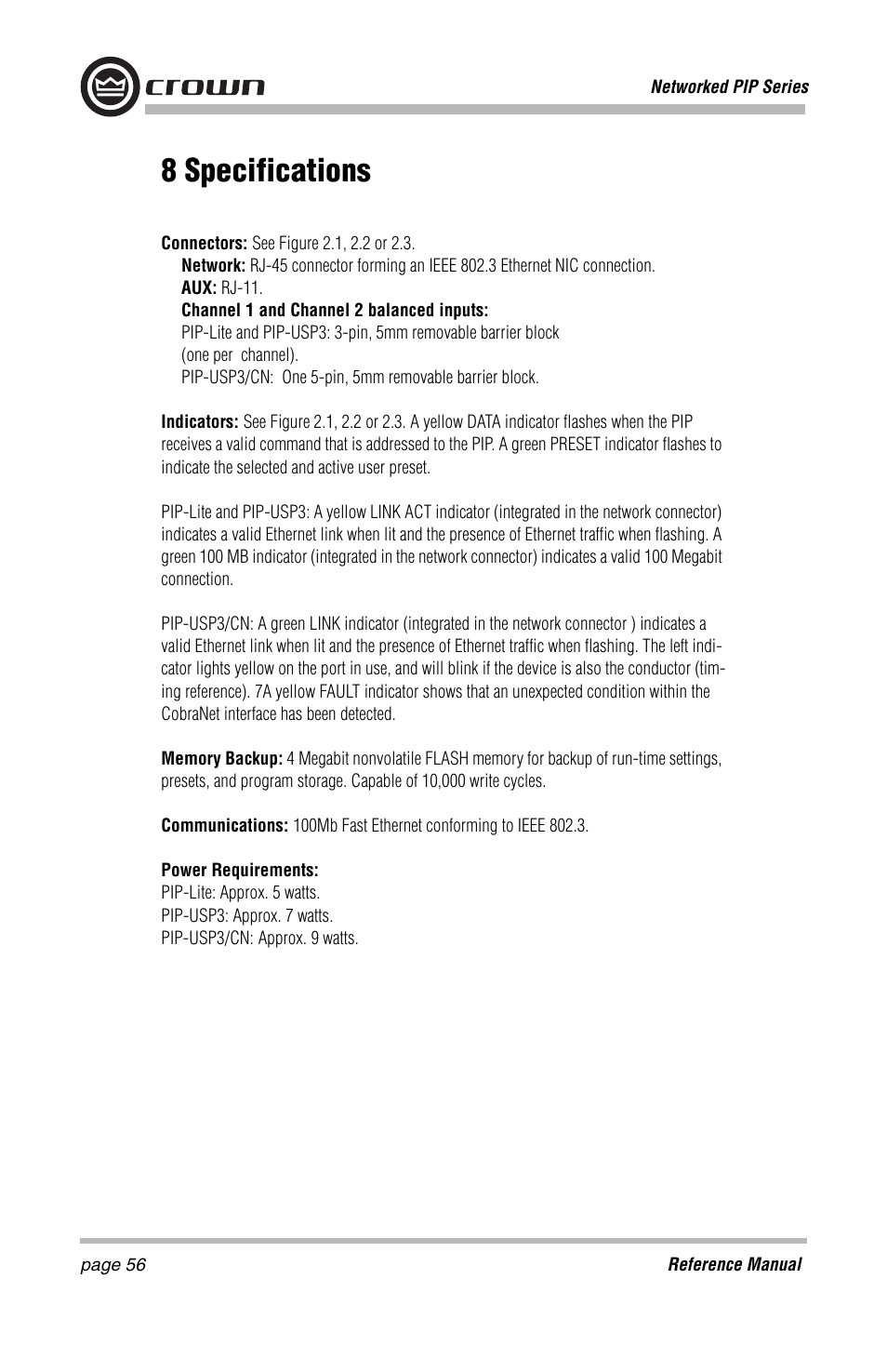 8 specifications | Crown Audio PIP-Lite Module User Manual | Page 56 / 68