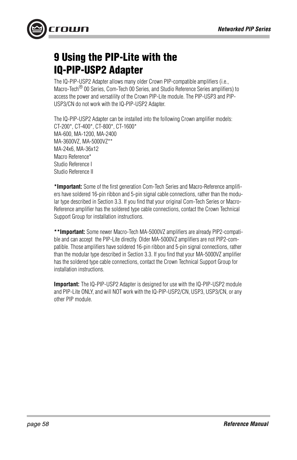 9 using the pip-lite with the iq-pip-usp2 adapter | Crown Audio PIP-Lite Module User Manual | Page 58 / 68