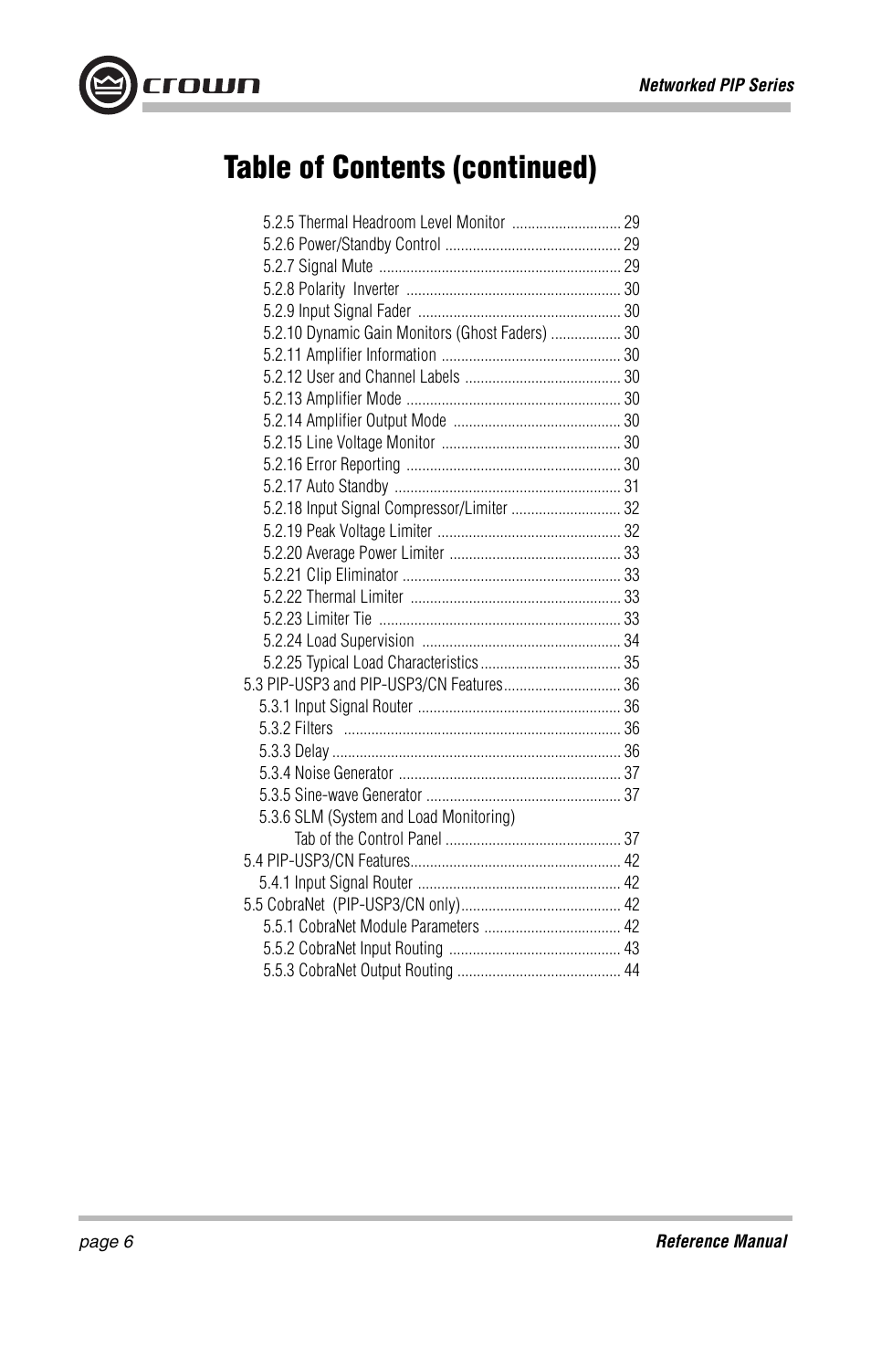 Table of contents (continued) | Crown Audio PIP-Lite Module User Manual | Page 6 / 68