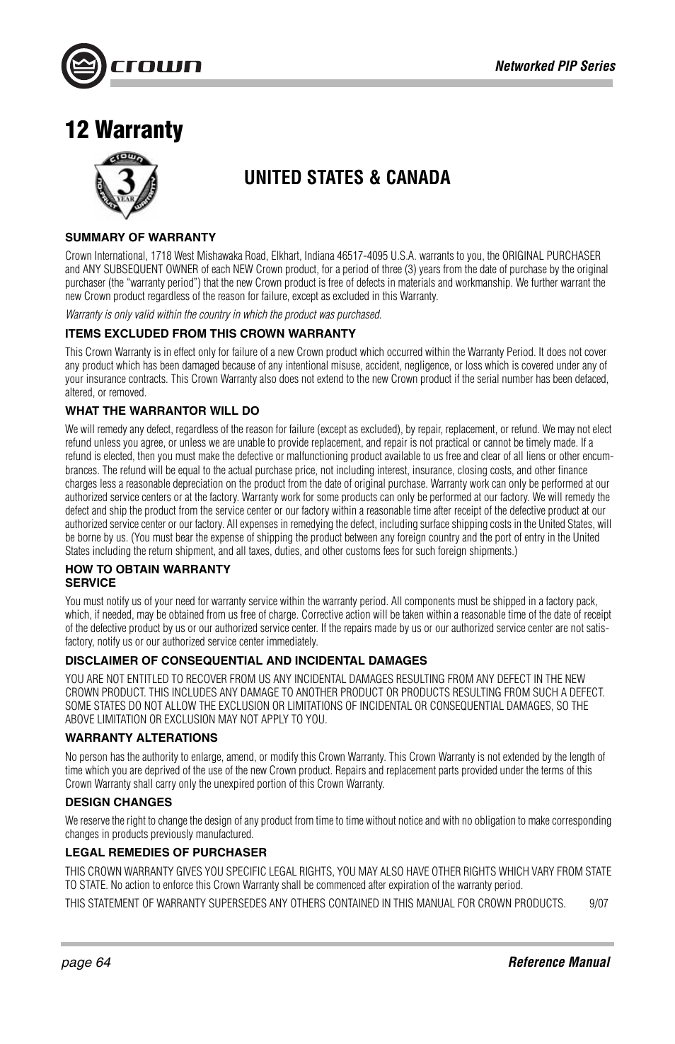 12 warranty, United states & canada | Crown Audio PIP-Lite Module User Manual | Page 64 / 68