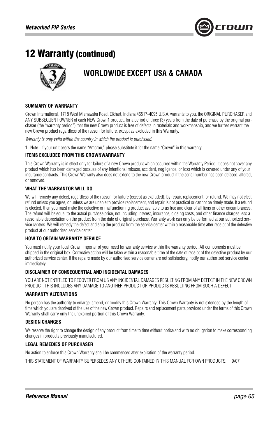 12 warranty, Continued), Worldwide except usa & canada | Crown Audio PIP-Lite Module User Manual | Page 65 / 68