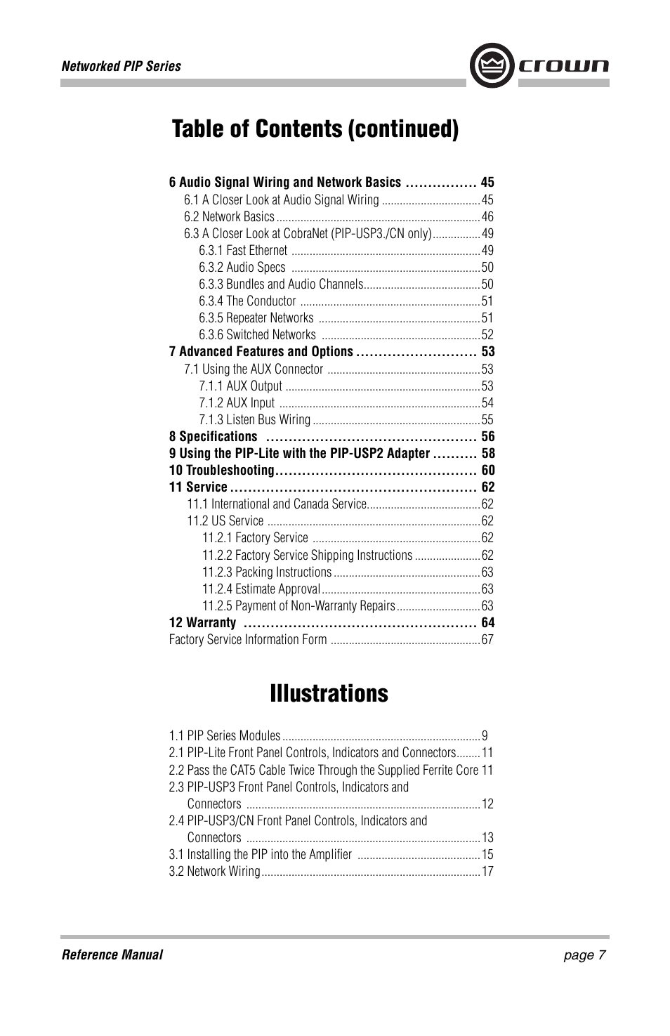 Illustrations, Table of contents (continued) | Crown Audio PIP-Lite Module User Manual | Page 7 / 68