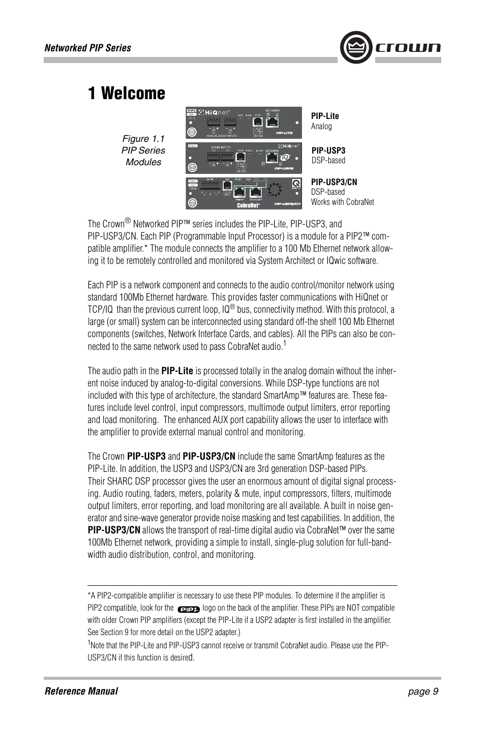 1 welcome, Page 9 reference manual networked pip series, The crown | Crown Audio PIP-Lite Module User Manual | Page 9 / 68