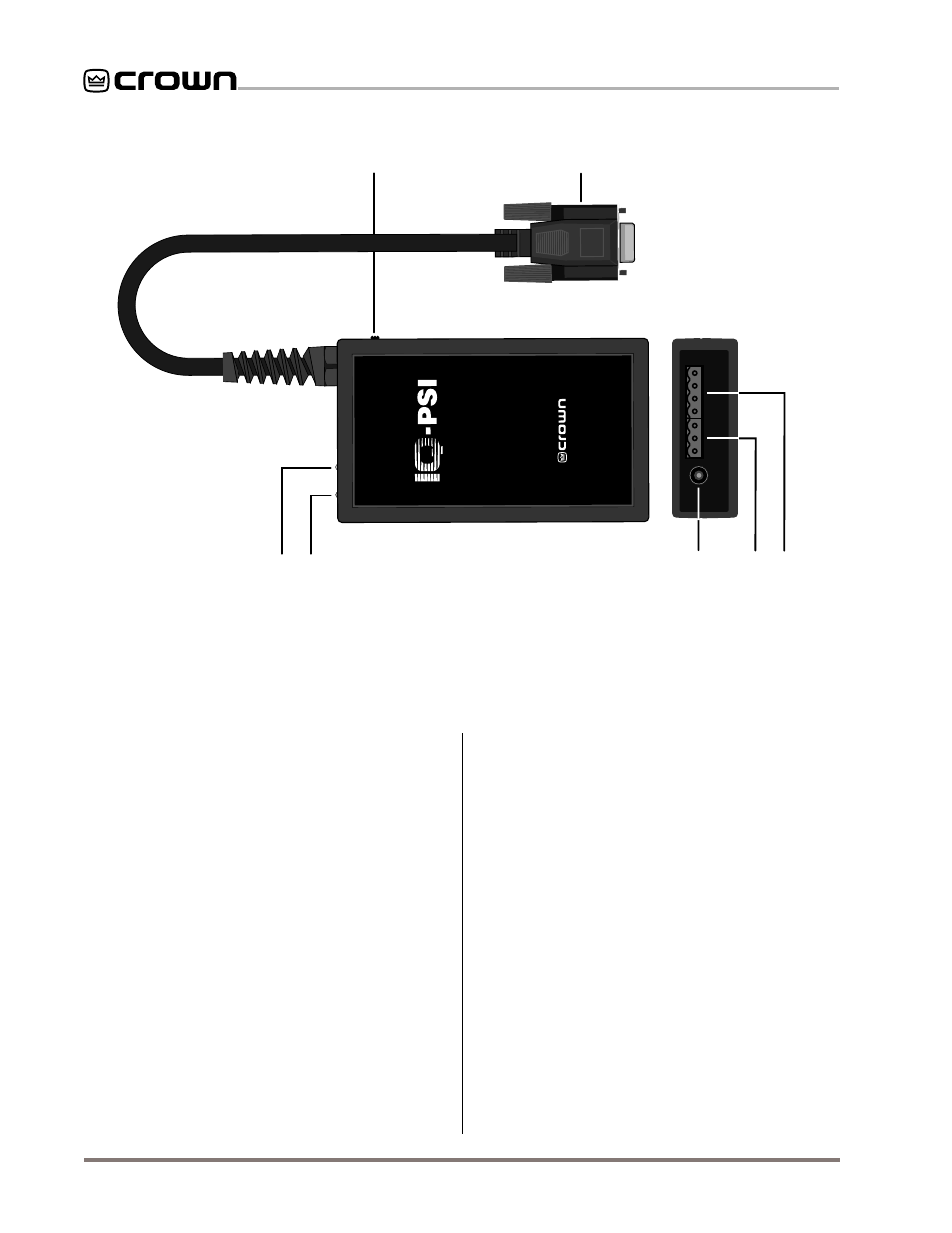 Facilities 1, 2 facilities, A. power switch | B. rs232 computer connector & cable, C. dspi, D. enable indicator, E. external 10 vdc power connector | Crown Audio PSI User Manual | Page 6 / 17