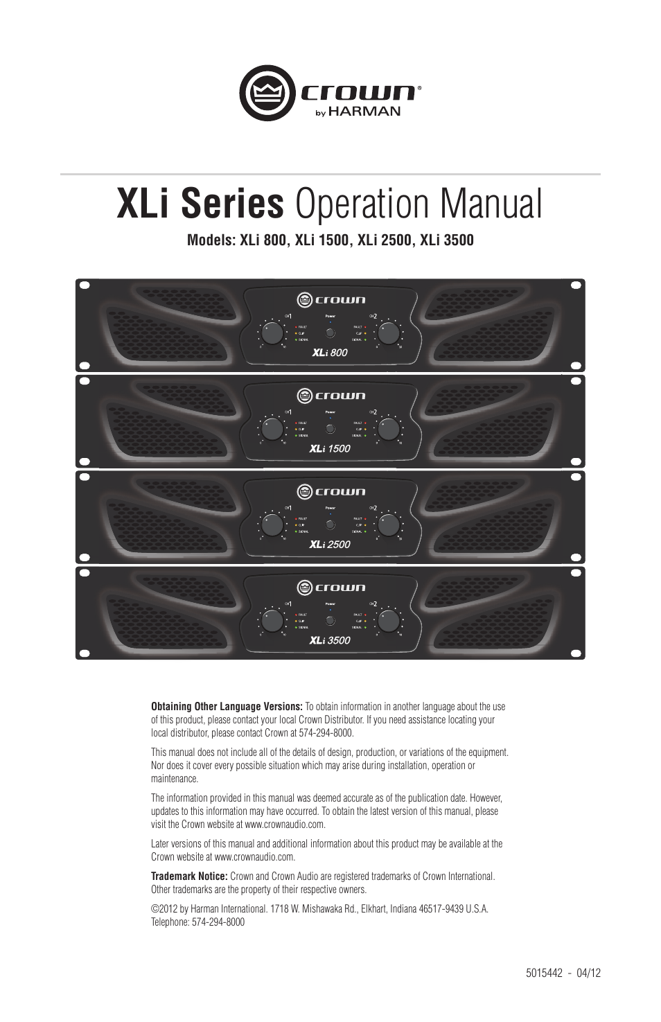 Crown Audio XLi Series User Manual | 14 pages