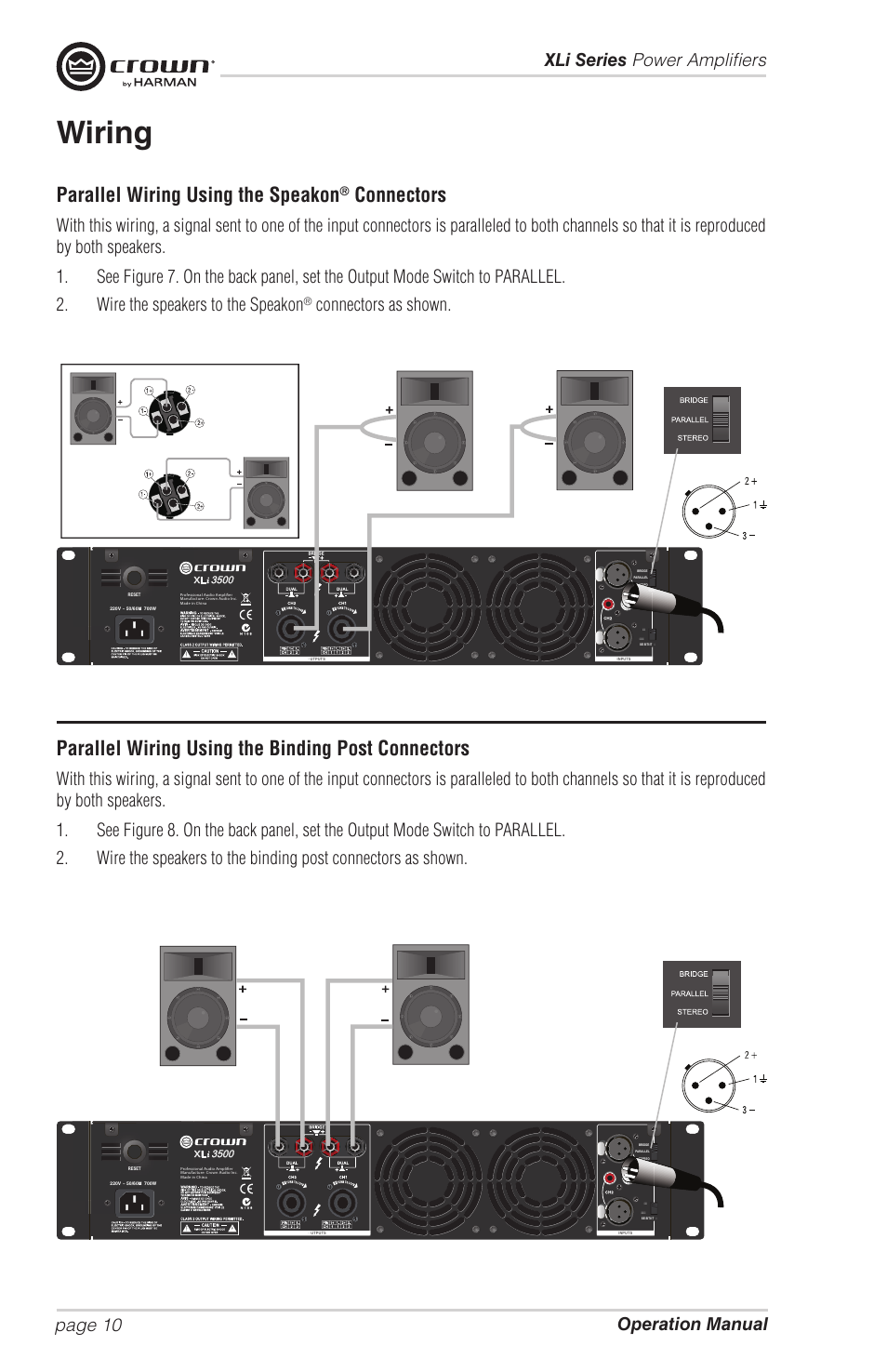 Wiring, Parallel wiring using the speakon, Connectors | Parallel wiring using the binding post connectors, Connectors as shown | Crown Audio XLi Series User Manual | Page 10 / 14