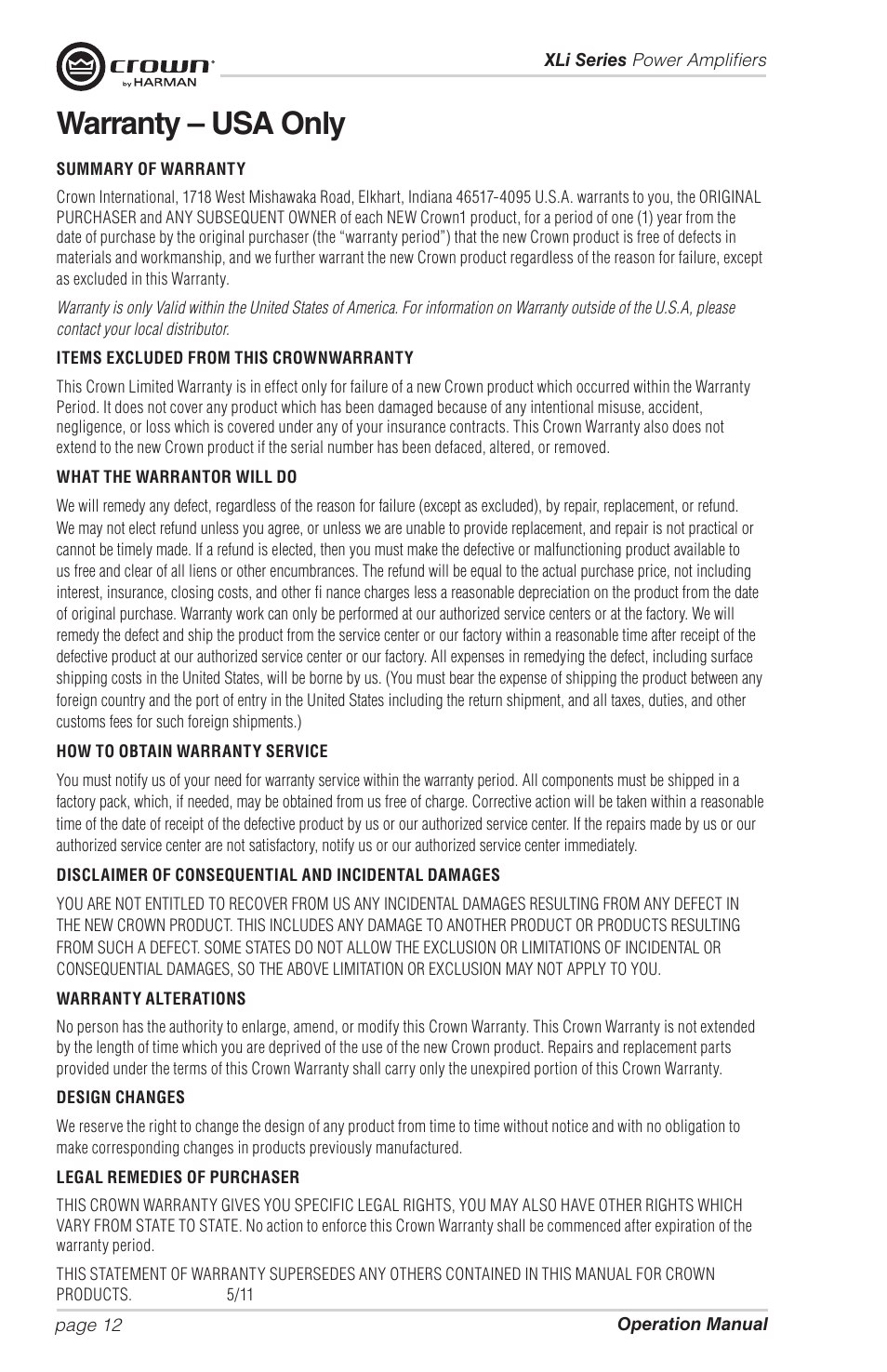 Warranty – usa only | Crown Audio XLi Series User Manual | Page 12 / 14