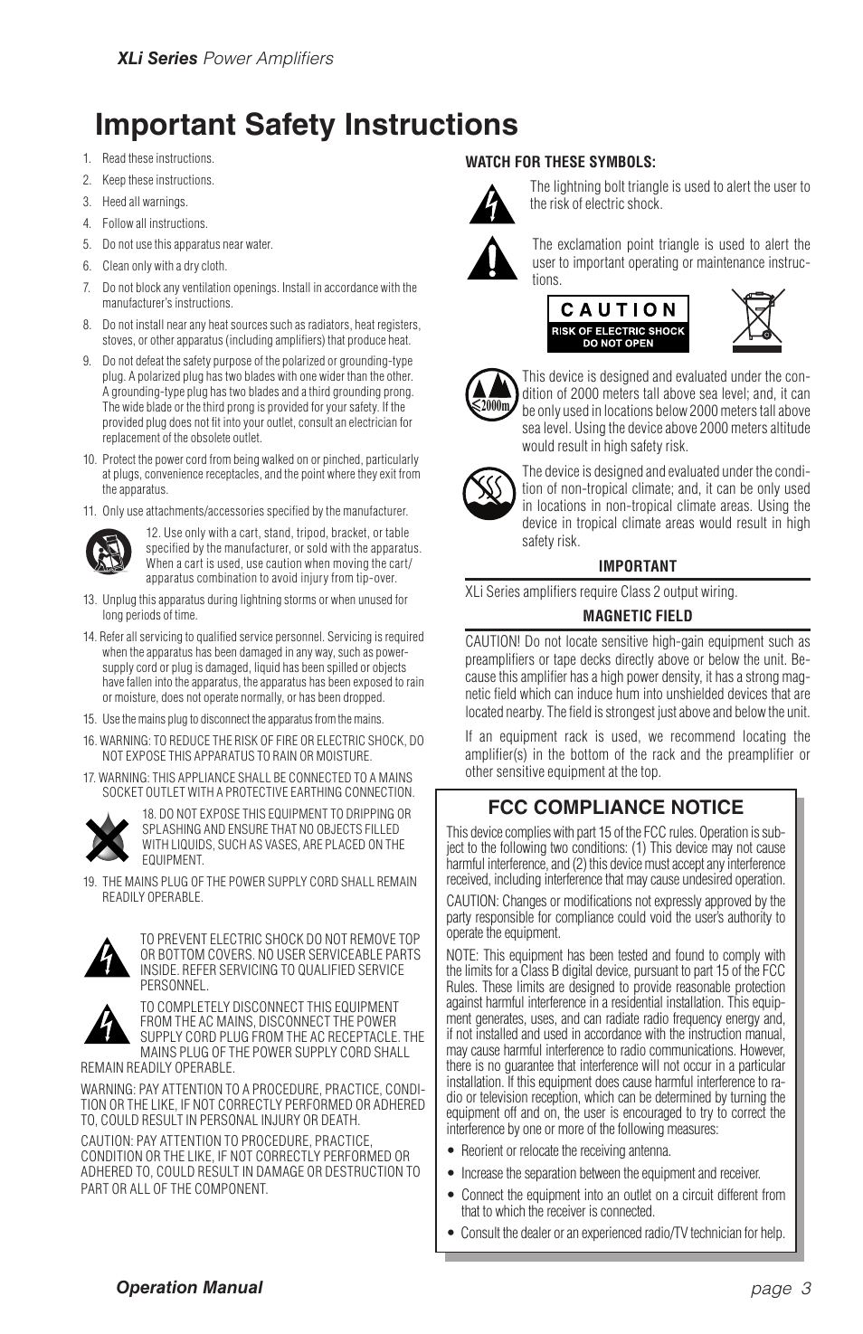 Important safety instructions, Fcc compliance notice | Crown Audio XLi Series User Manual | Page 3 / 14