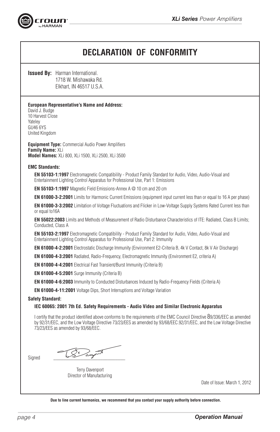 Declaration of conformity | Crown Audio XLi Series User Manual | Page 4 / 14