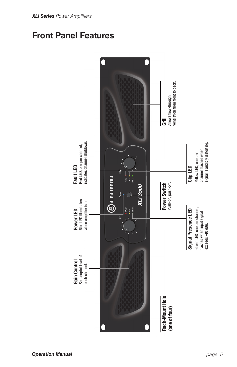 Front panel features | Crown Audio XLi Series User Manual | Page 5 / 14