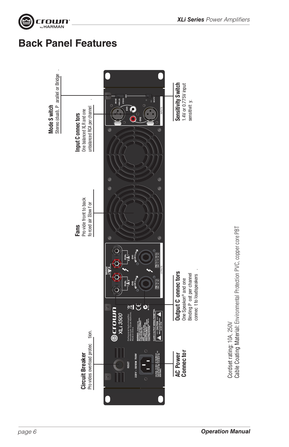 Back panel features, Fans, Circuit breaker | Output c onnec tors, Mode s witch, Sensitivity s witch, Input c onnec tors, Ac po wer connec to r | Crown Audio XLi Series User Manual | Page 6 / 14