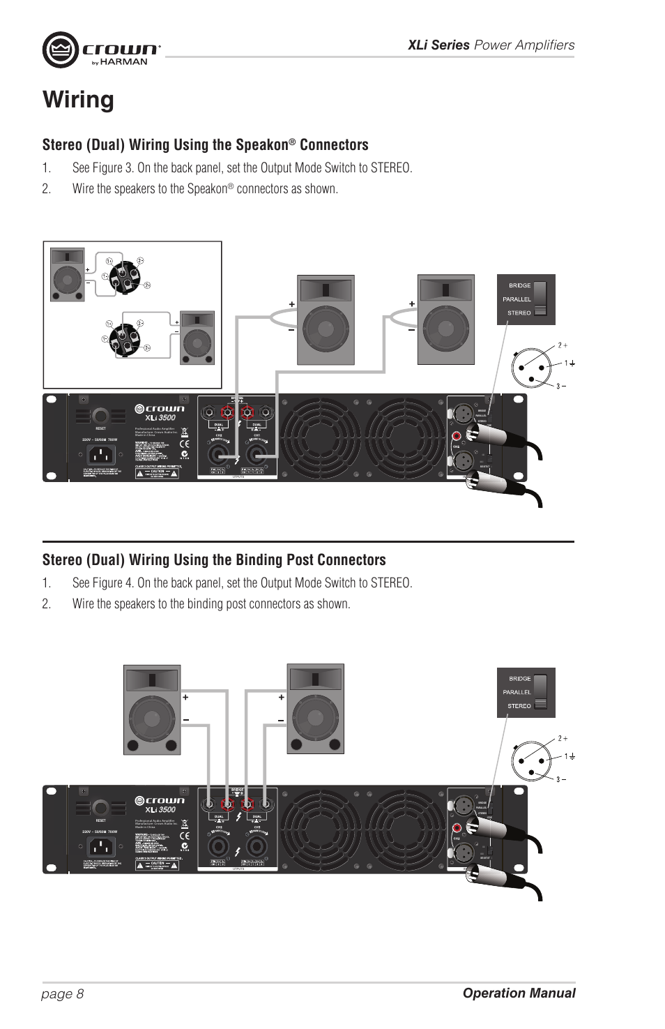 Wiring, Stereo (dual) wiring using the speakon, Connectors | Connectors as shown | Crown Audio XLi Series User Manual | Page 8 / 14