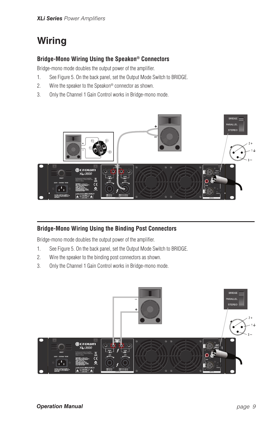 Wiring, Bridge-mono wiring using the speakon, Connectors | Crown Audio XLi Series User Manual | Page 9 / 14