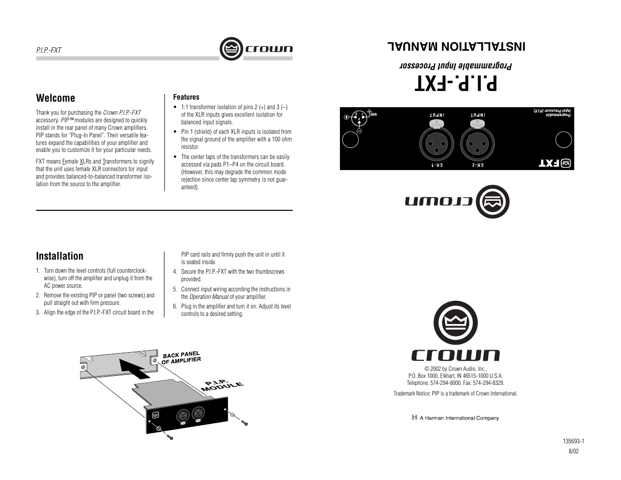 Crown Audio P.I.P.-FXT User Manual | 1 page