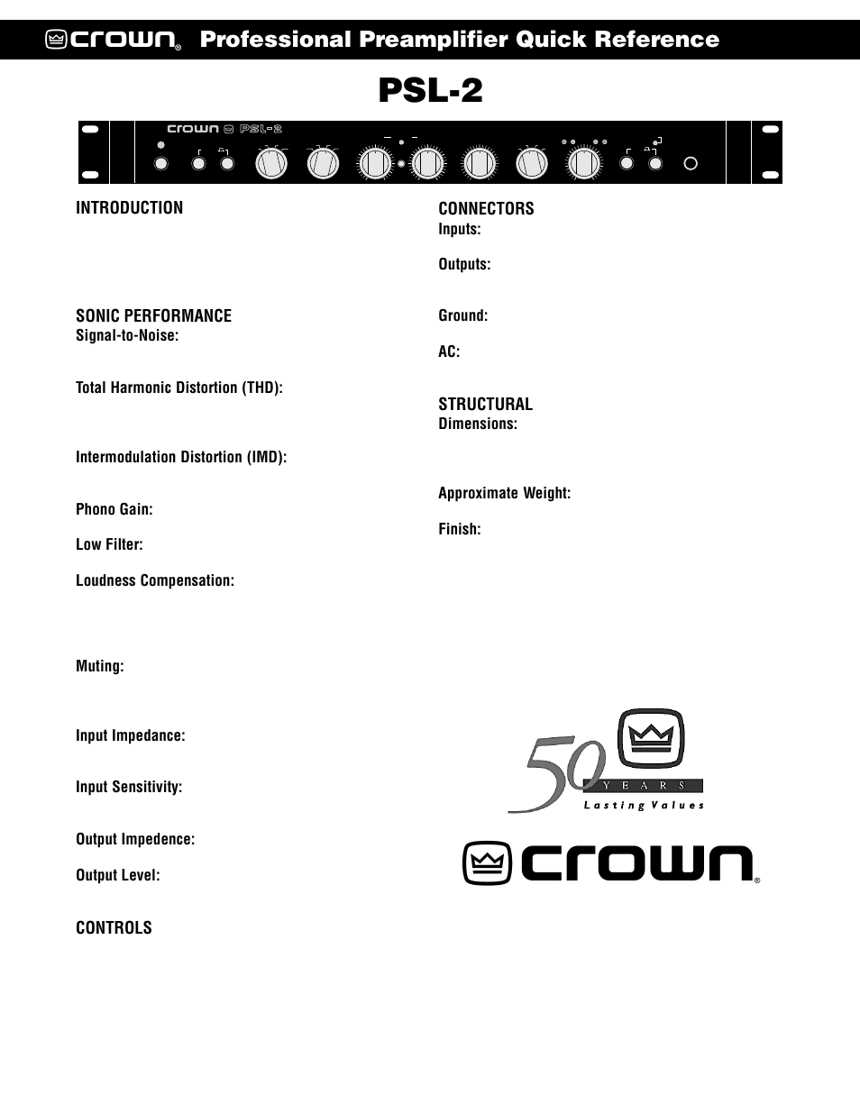 Crown Audio PSL-2 User Manual | 1 page