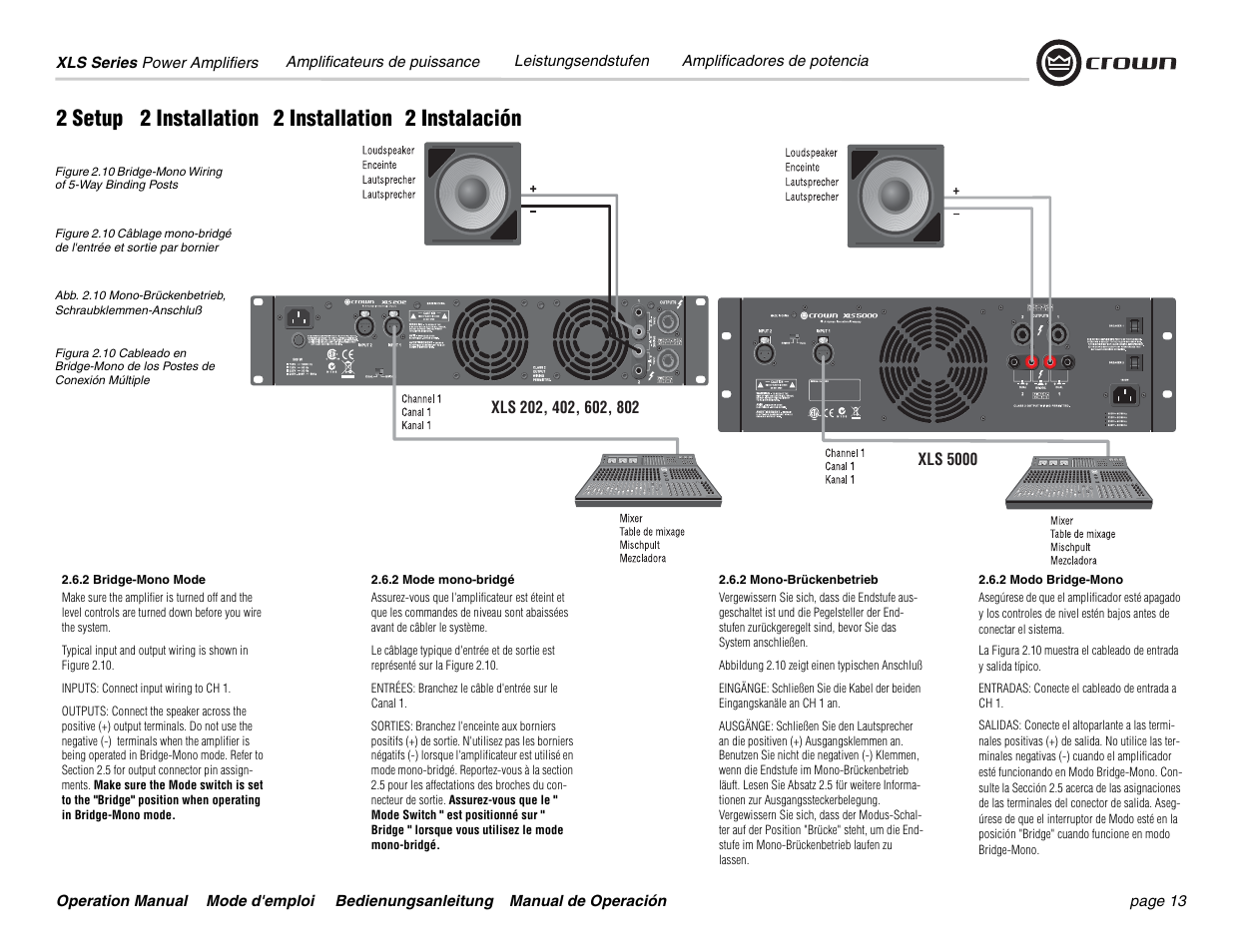 2 setup, 2 installation, 2 installation 2 instalación | Crown Audio XLS Series User Manual | Page 13 / 40