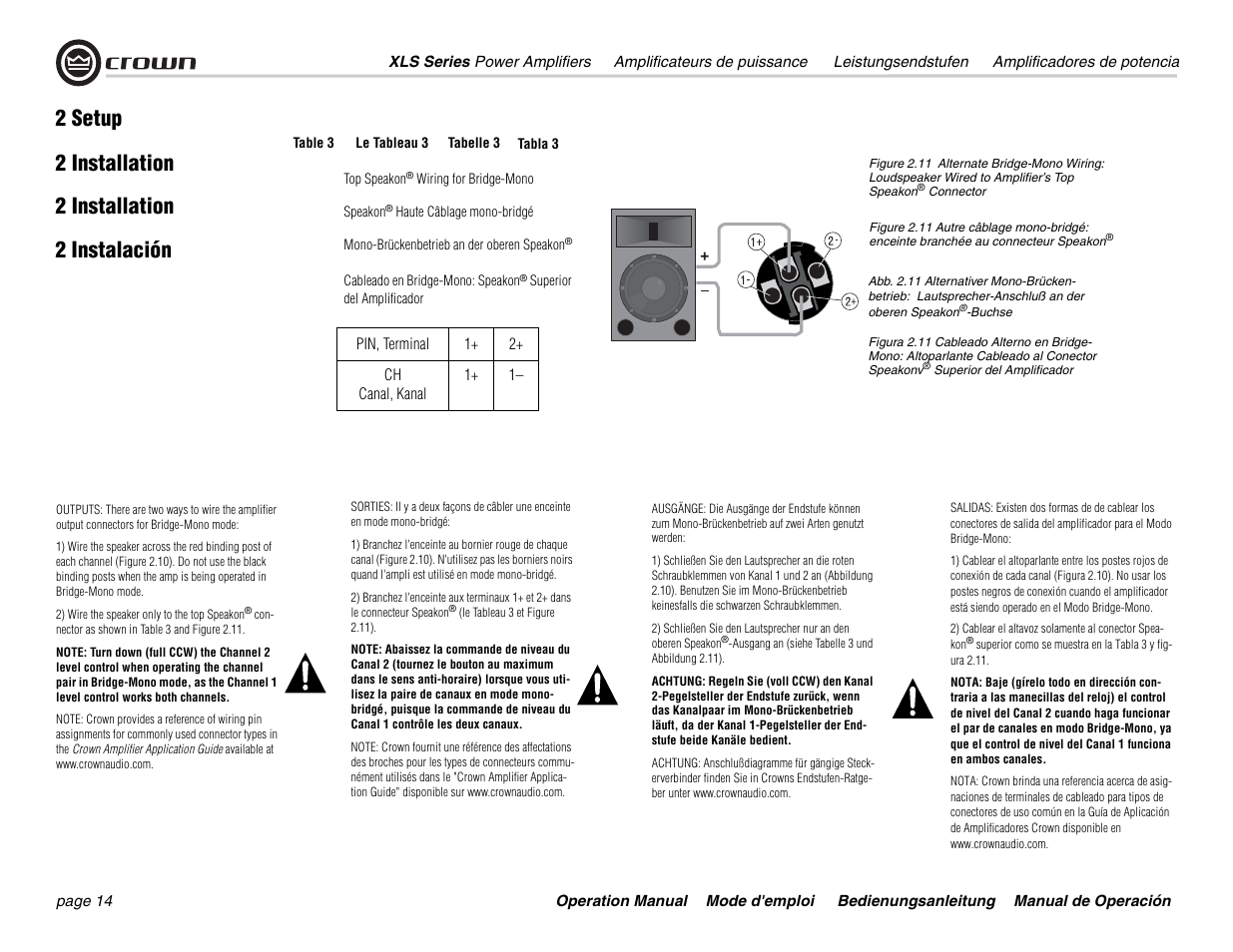2 setup 2 installation 2 instalación, 2 installation | Crown Audio XLS Series User Manual | Page 14 / 40