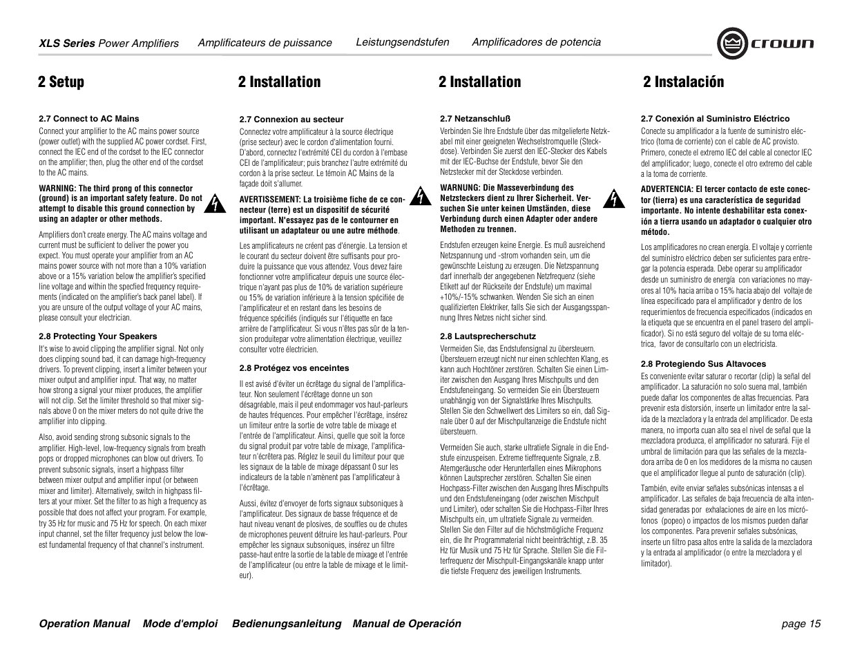2 setup, 2 installation 2 instalación 2 installation | Crown Audio XLS Series User Manual | Page 15 / 40