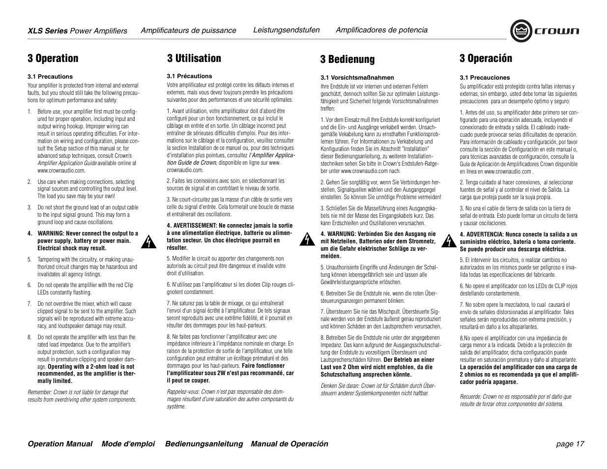 3 operation 3 bedienung 3 utilisation 3 operación | Crown Audio XLS Series User Manual | Page 17 / 40