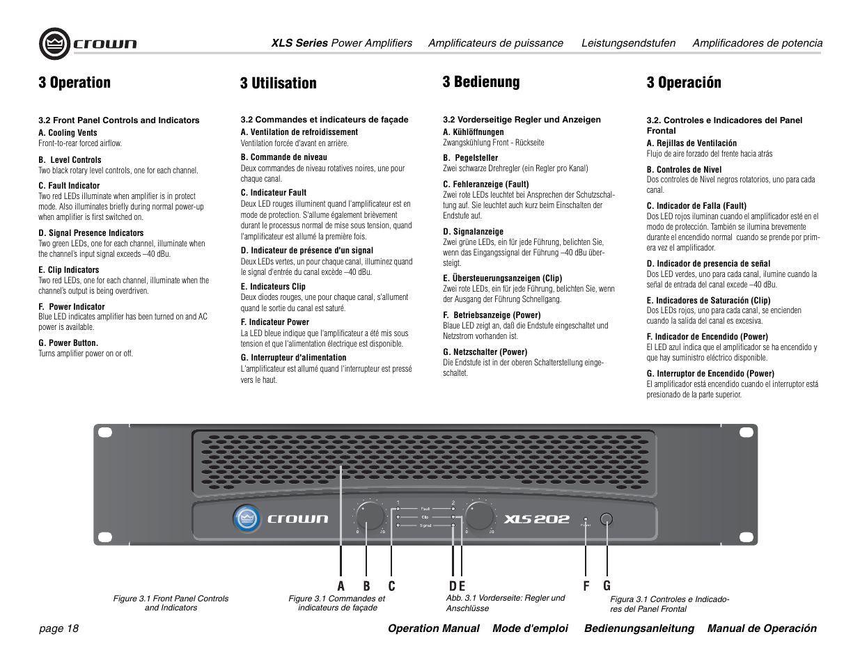 3 operation, 3 utilisation 3 bedienung 3 operación | Crown Audio XLS Series User Manual | Page 18 / 40
