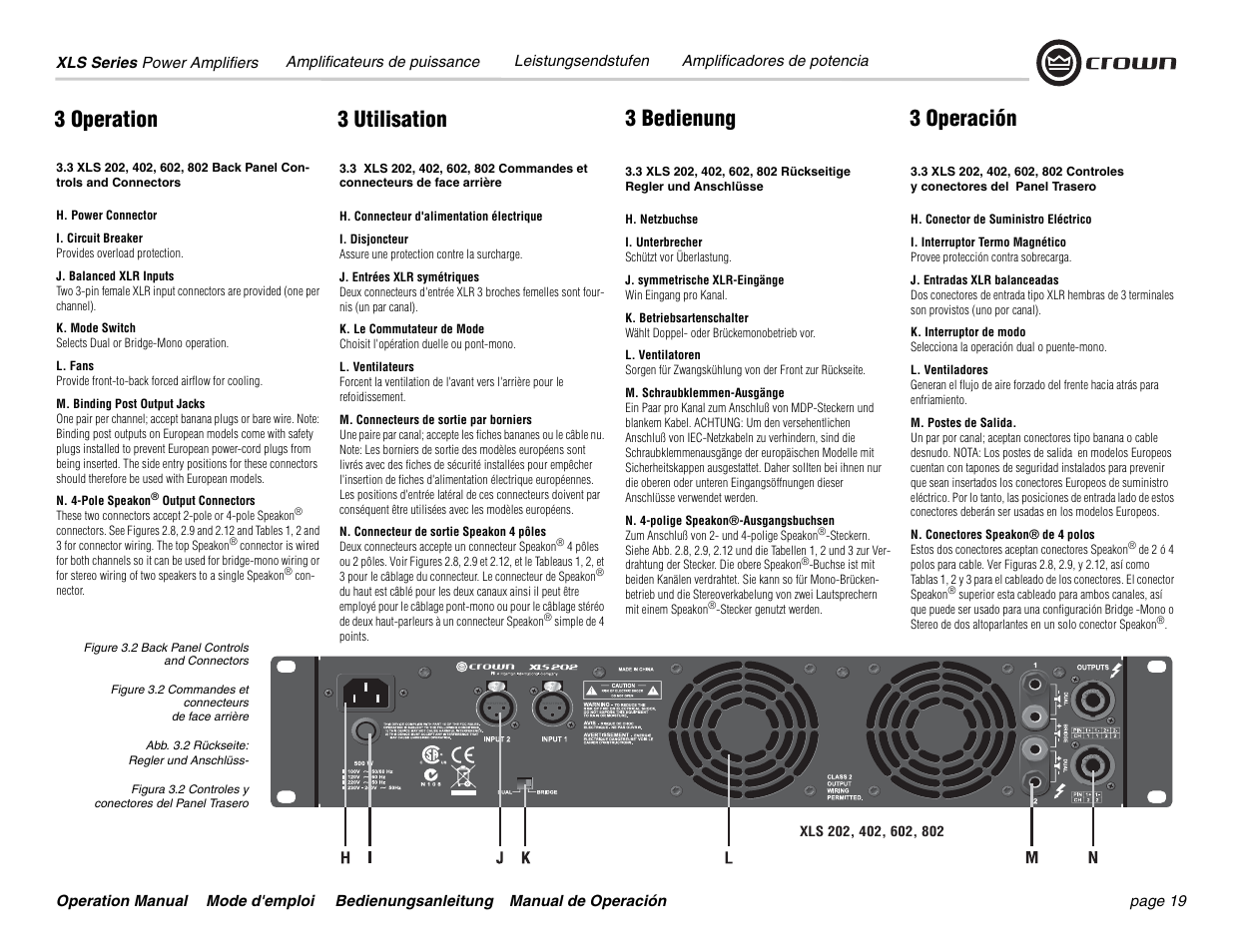 3 operation 3 utilisation 3 bedienung 3 operación | Crown Audio XLS Series User Manual | Page 19 / 40